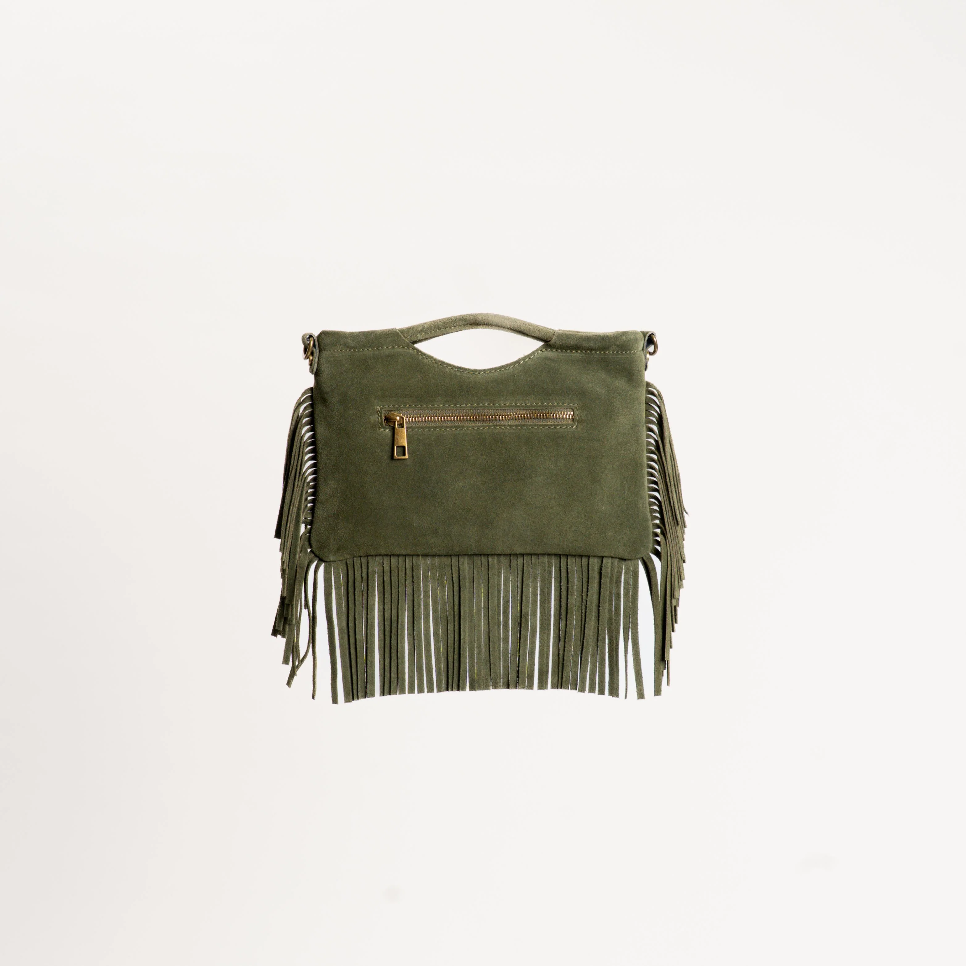 W by Whitemood-Borsa a mano scamosciata con frange - militare - Image 3