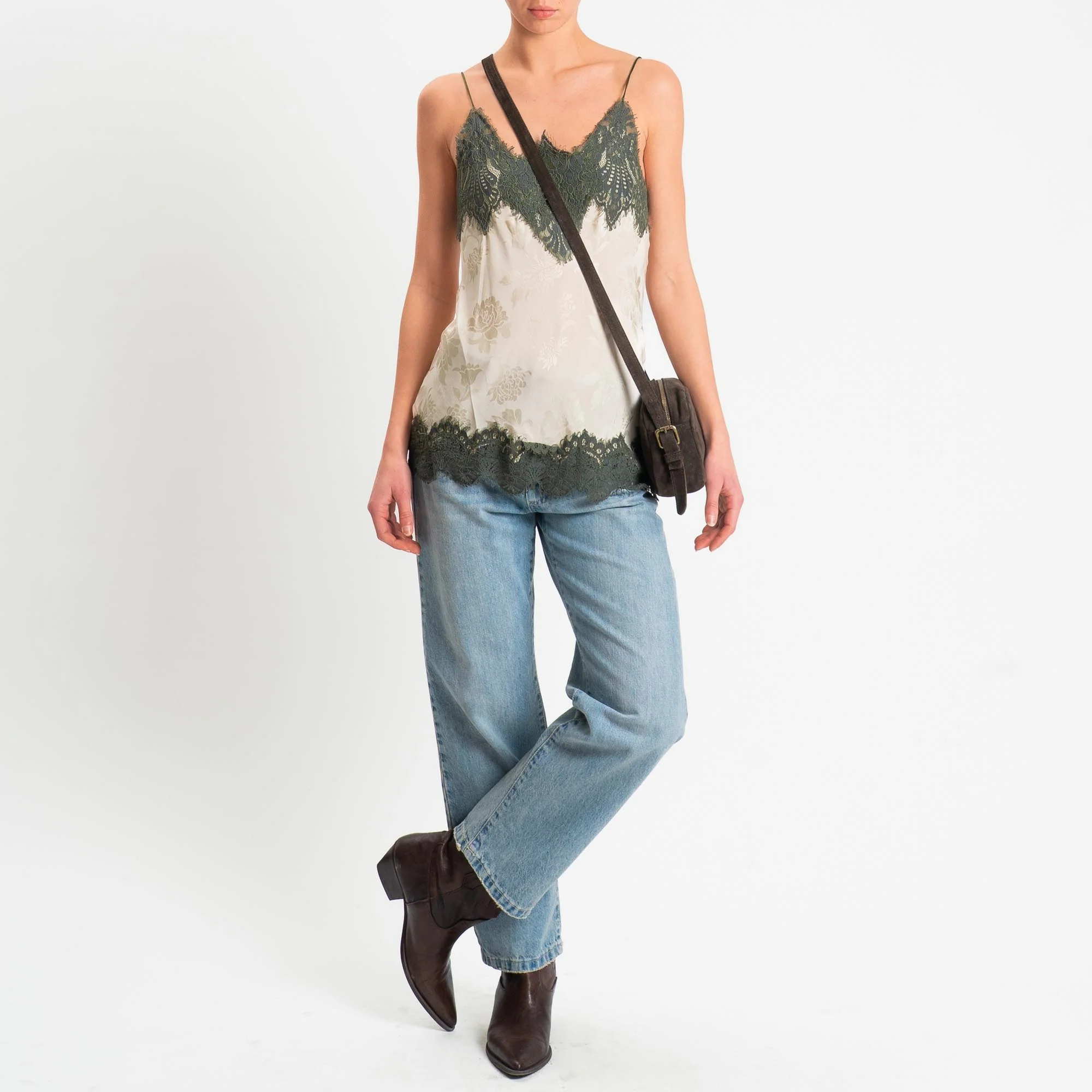 Tensione in-Top in tessuto damascato con pizzo - beige/militare