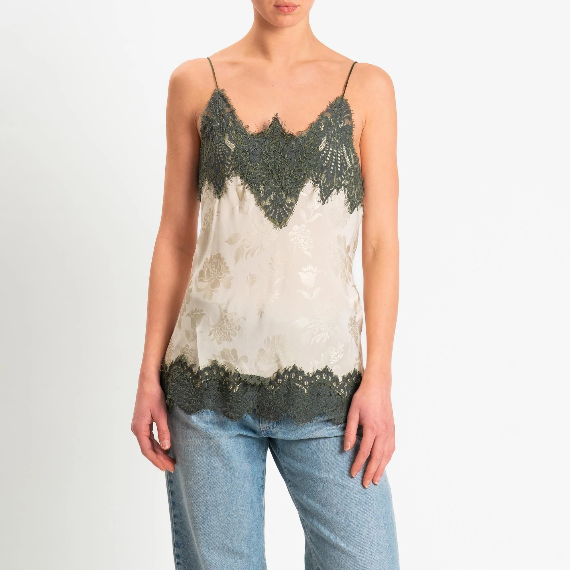 Tensione in-Top in tessuto damascato con pizzo - beige/militare - Image 2