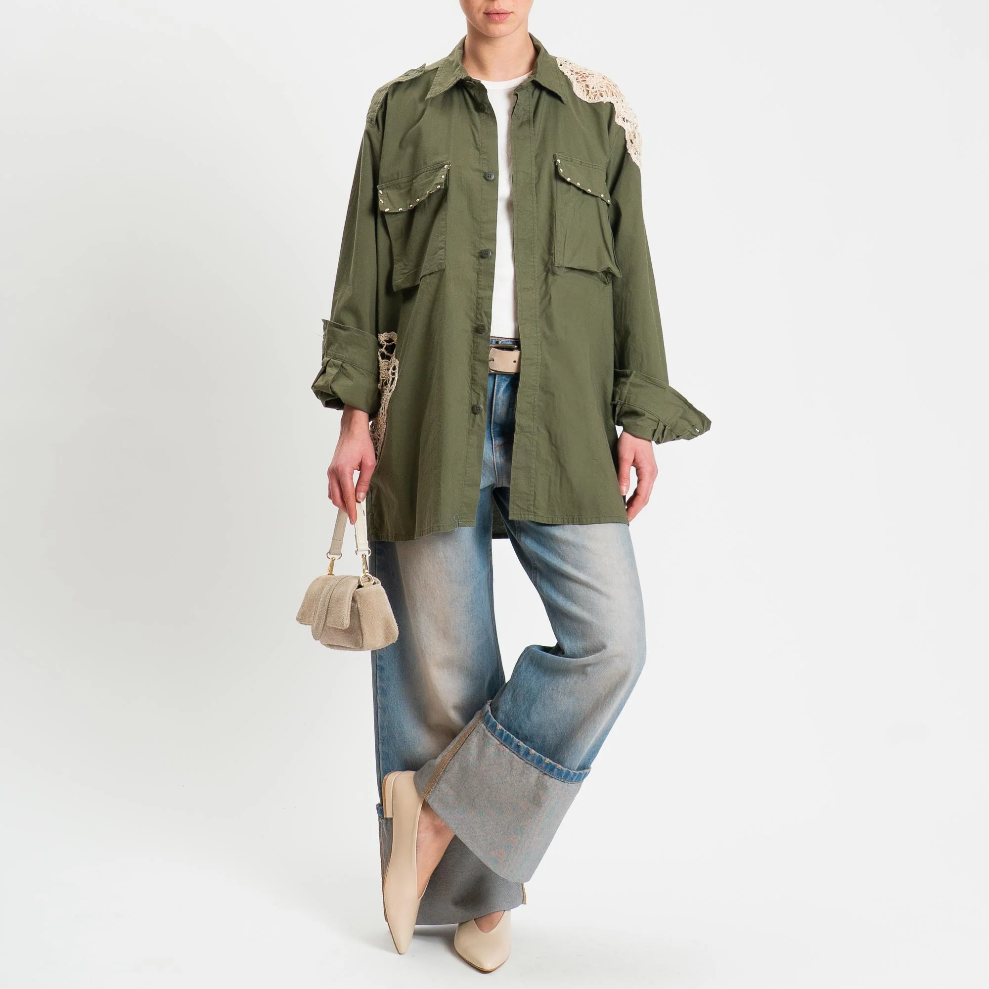 Tensione in-Camicia vintage con crochet - militare/burro