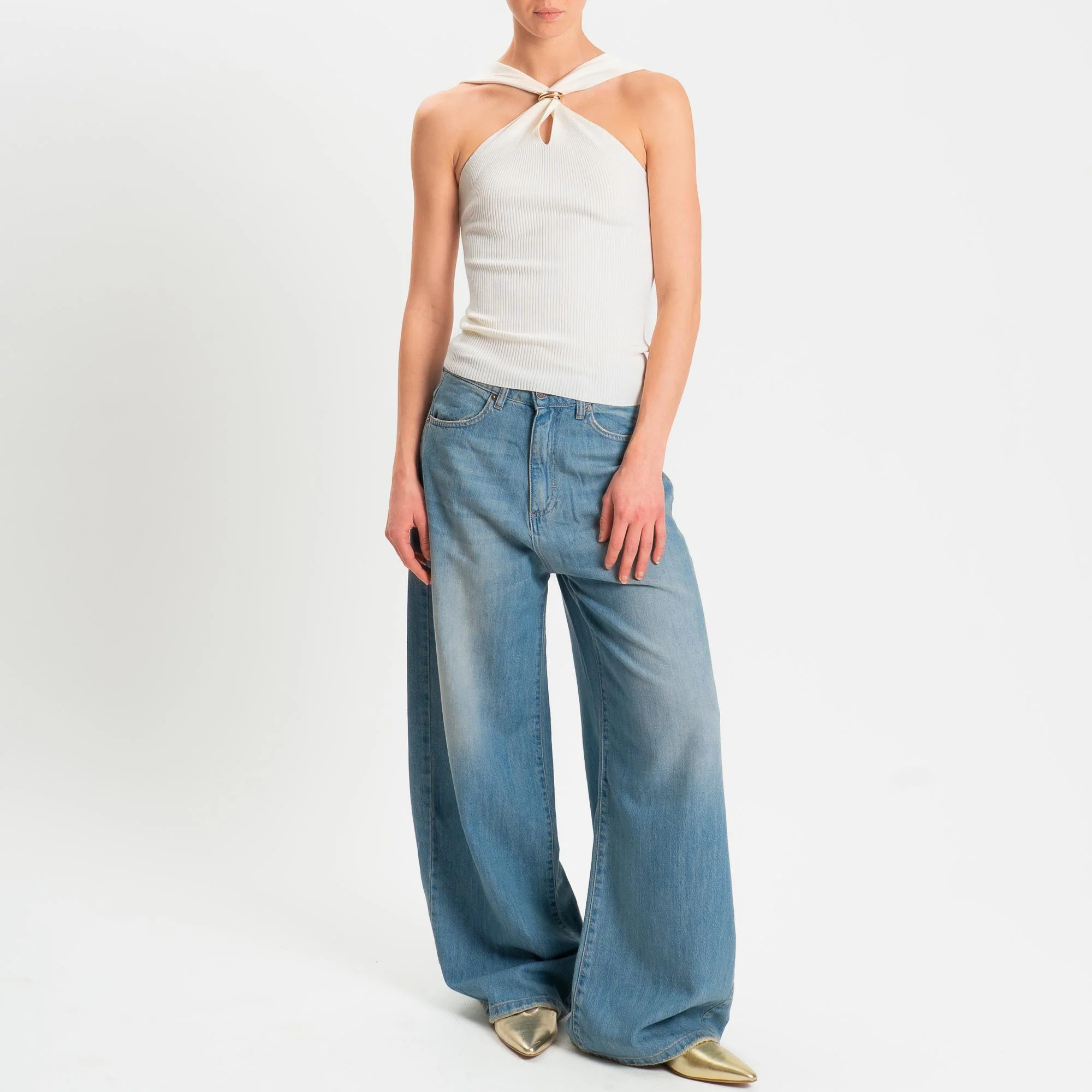 Kontatto- Top incrociato a costine con accessorio - off white