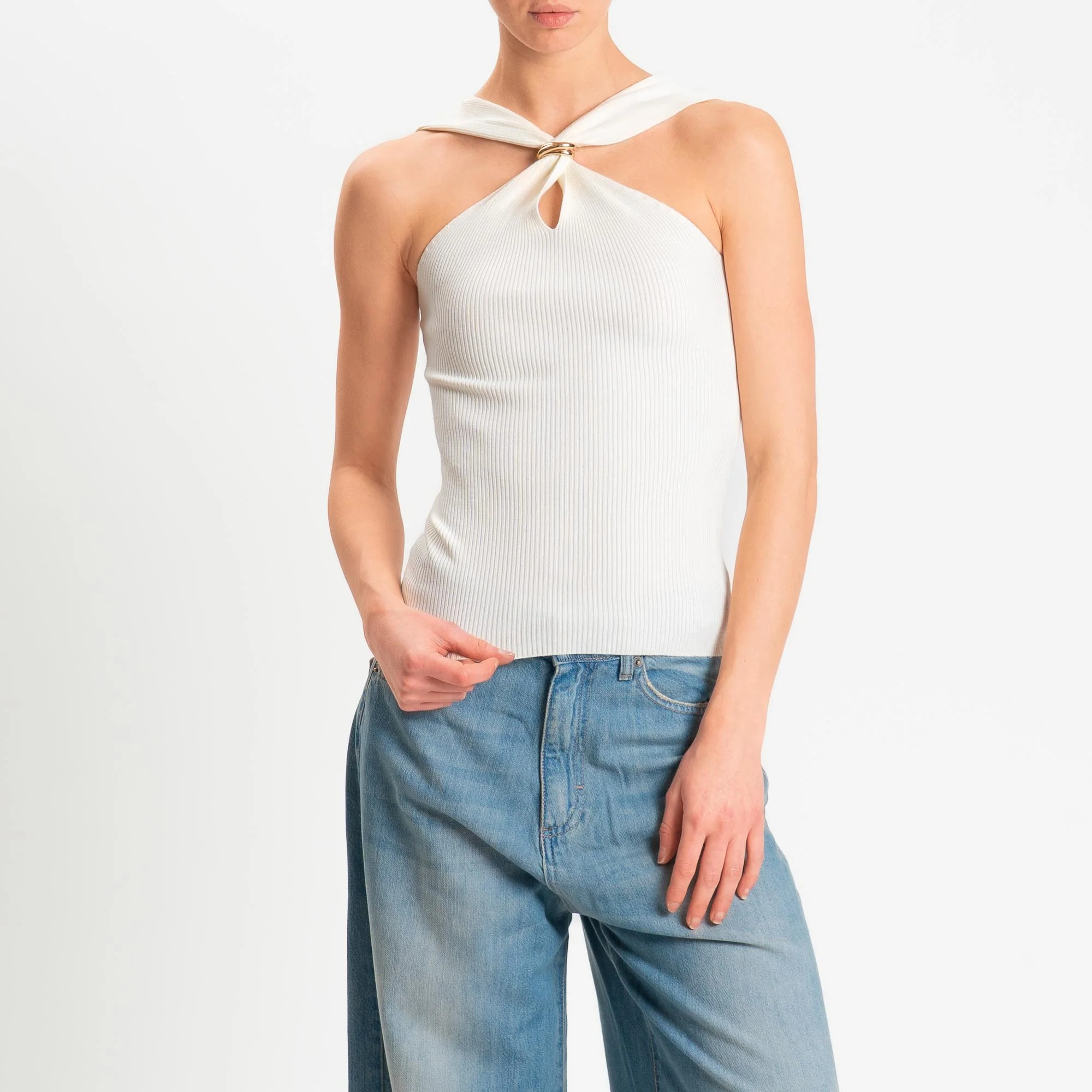 Kontatto- Top incrociato a costine con accessorio - off white - Image 2