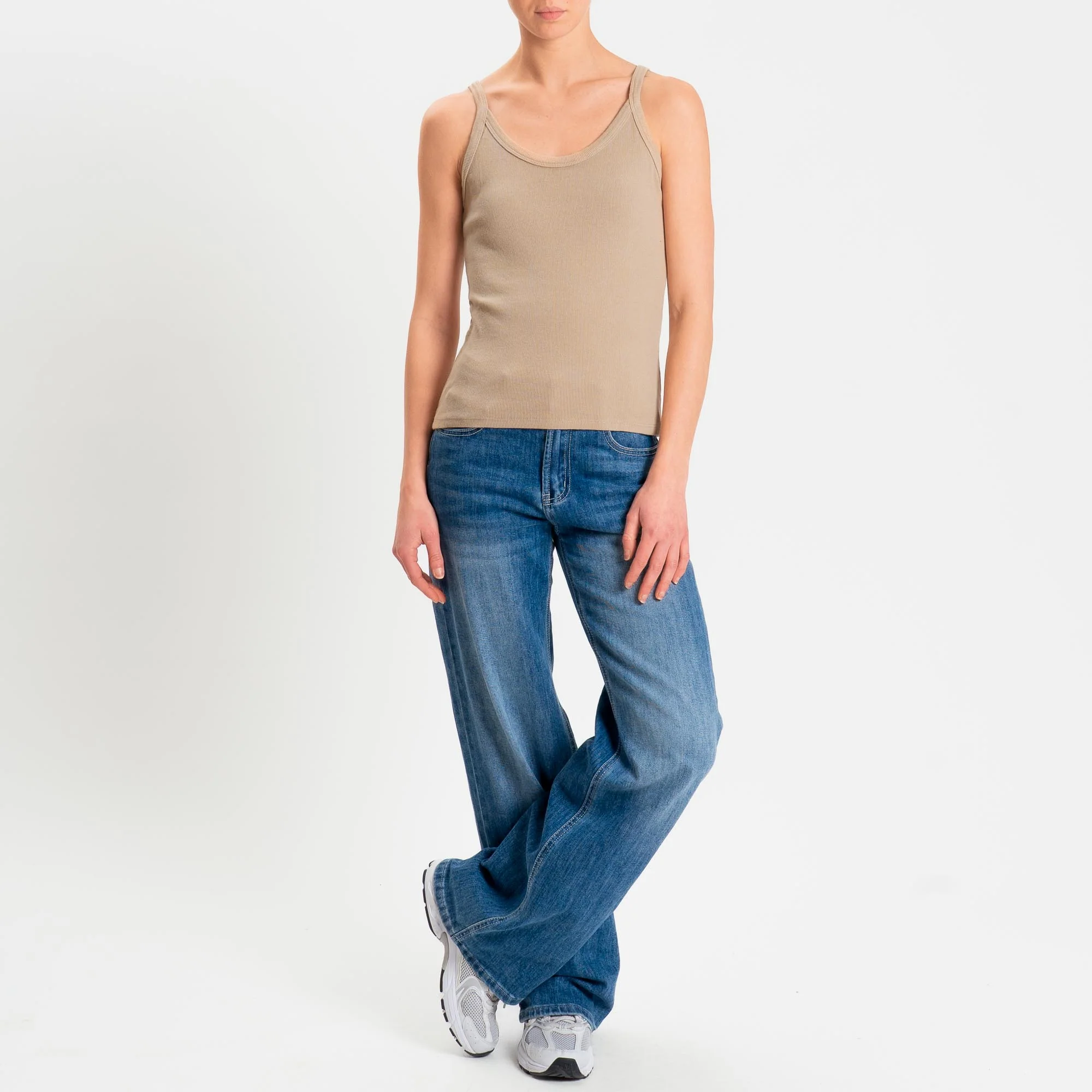 Zeroassoluto- Top a costine scollo stondato cotone elasticizzato - Beige - Image 2