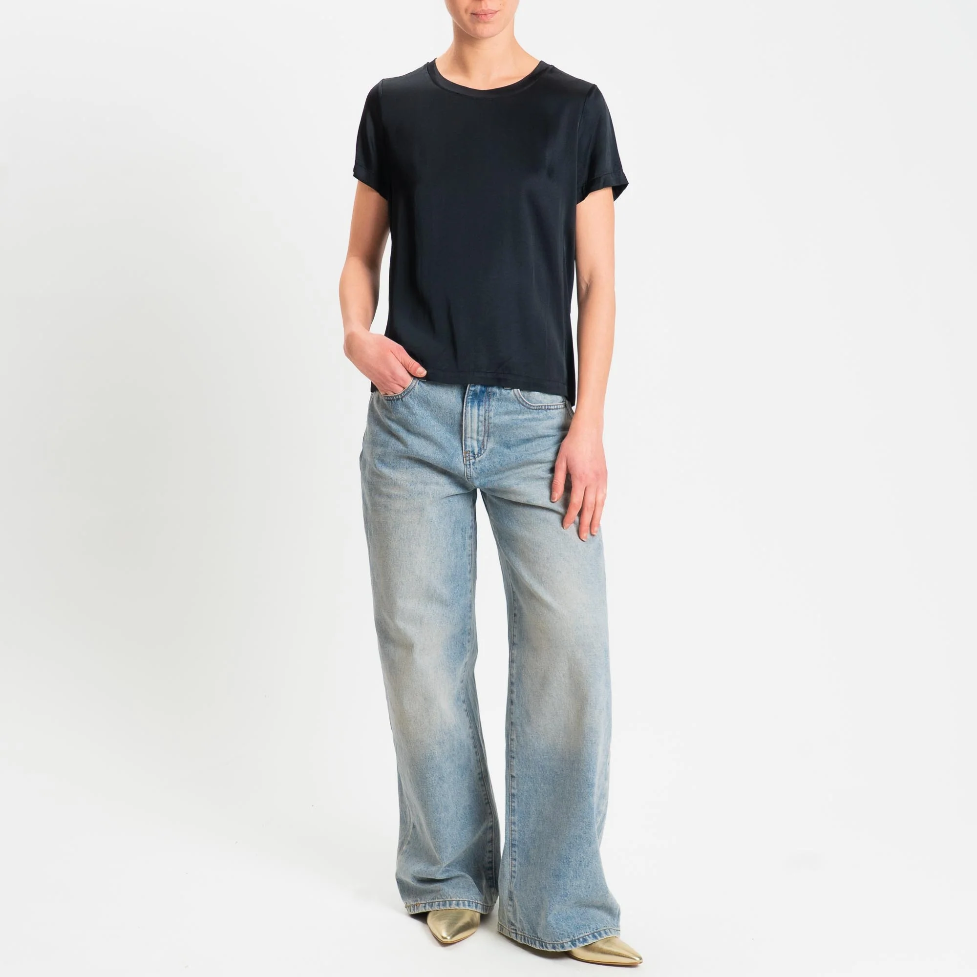 Vicolo-Blusa satin elasticizzata mezza manica - nero