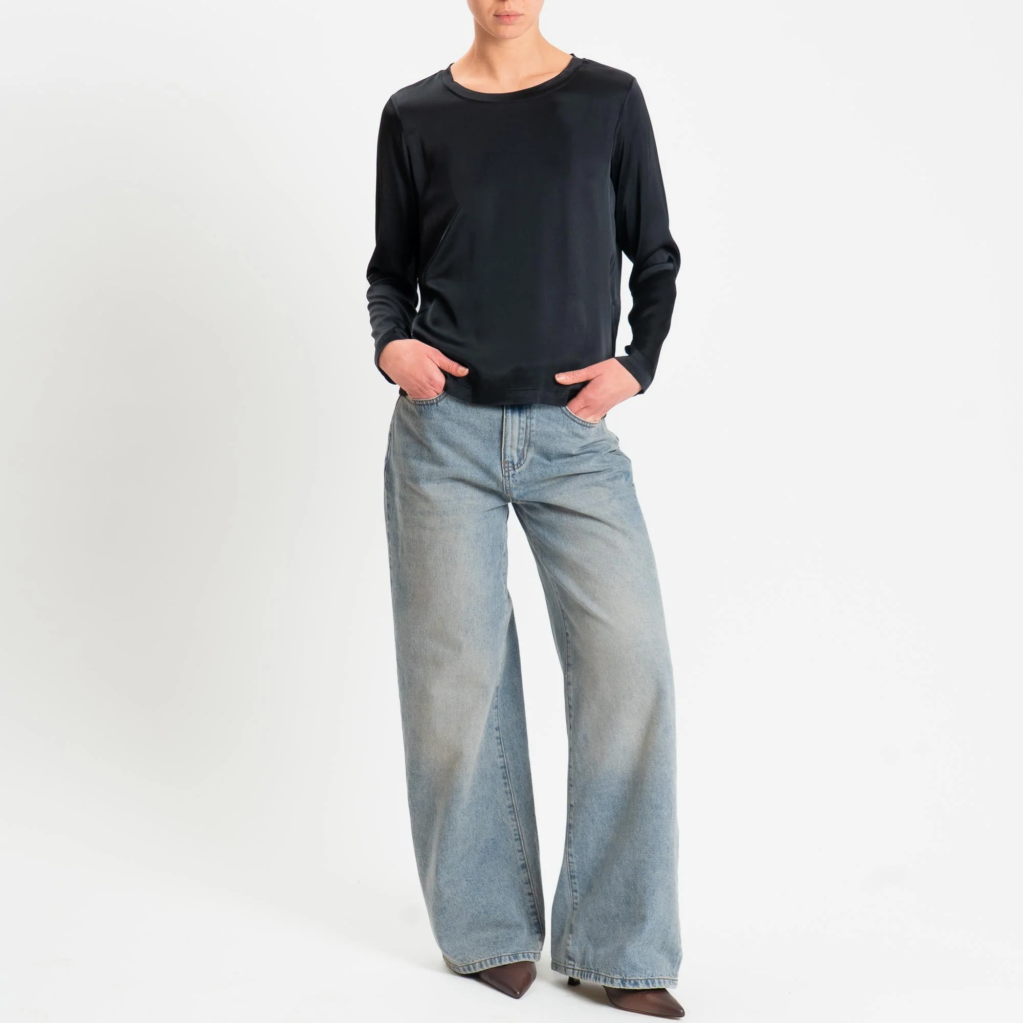 Vicolo-Blusa satin elasticizzato manica lunga - nero - Image 2