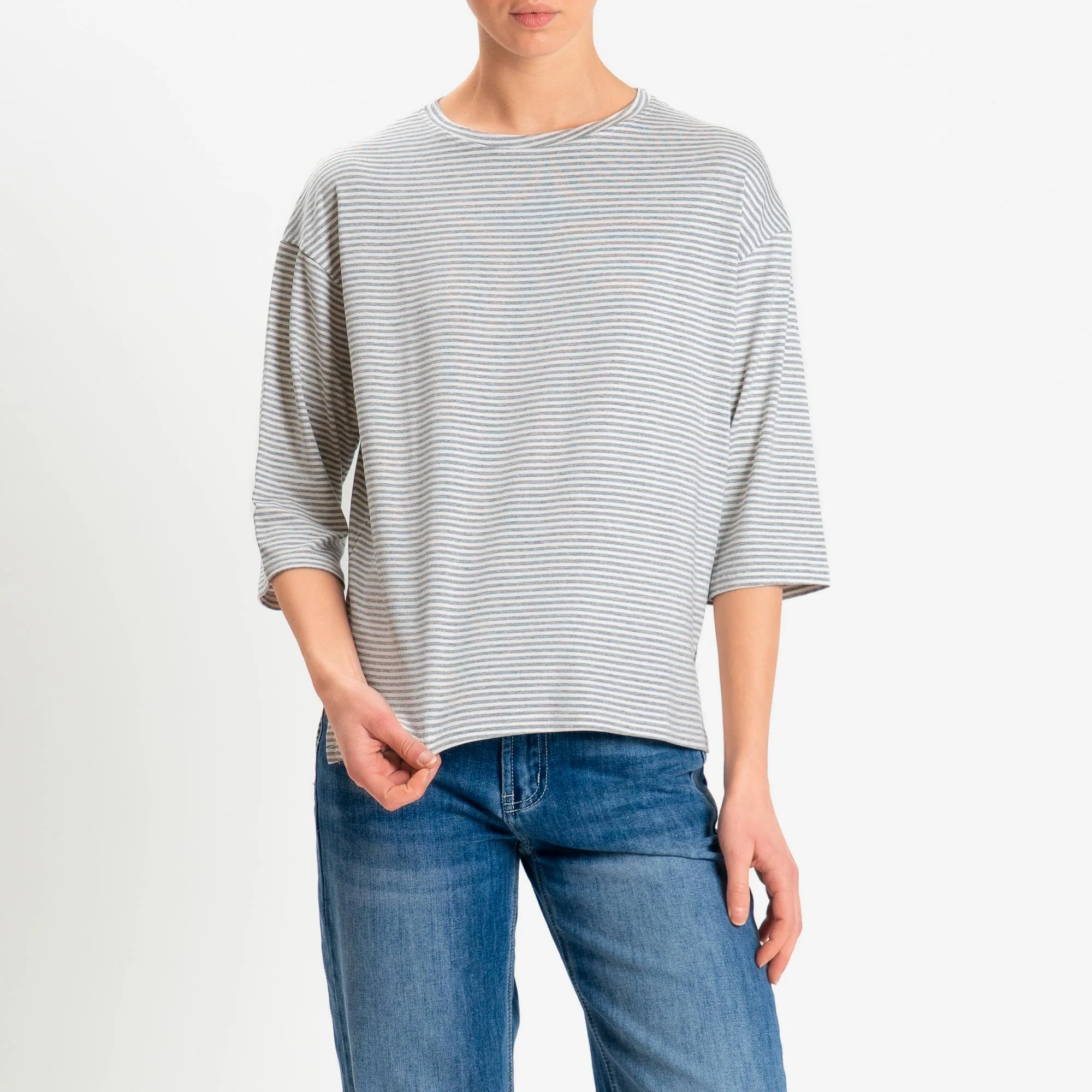 Zeroassoluto-T-shirt CLARY righe in jersey girocollo manica 3/4 - grigio melange/latte - Image 2