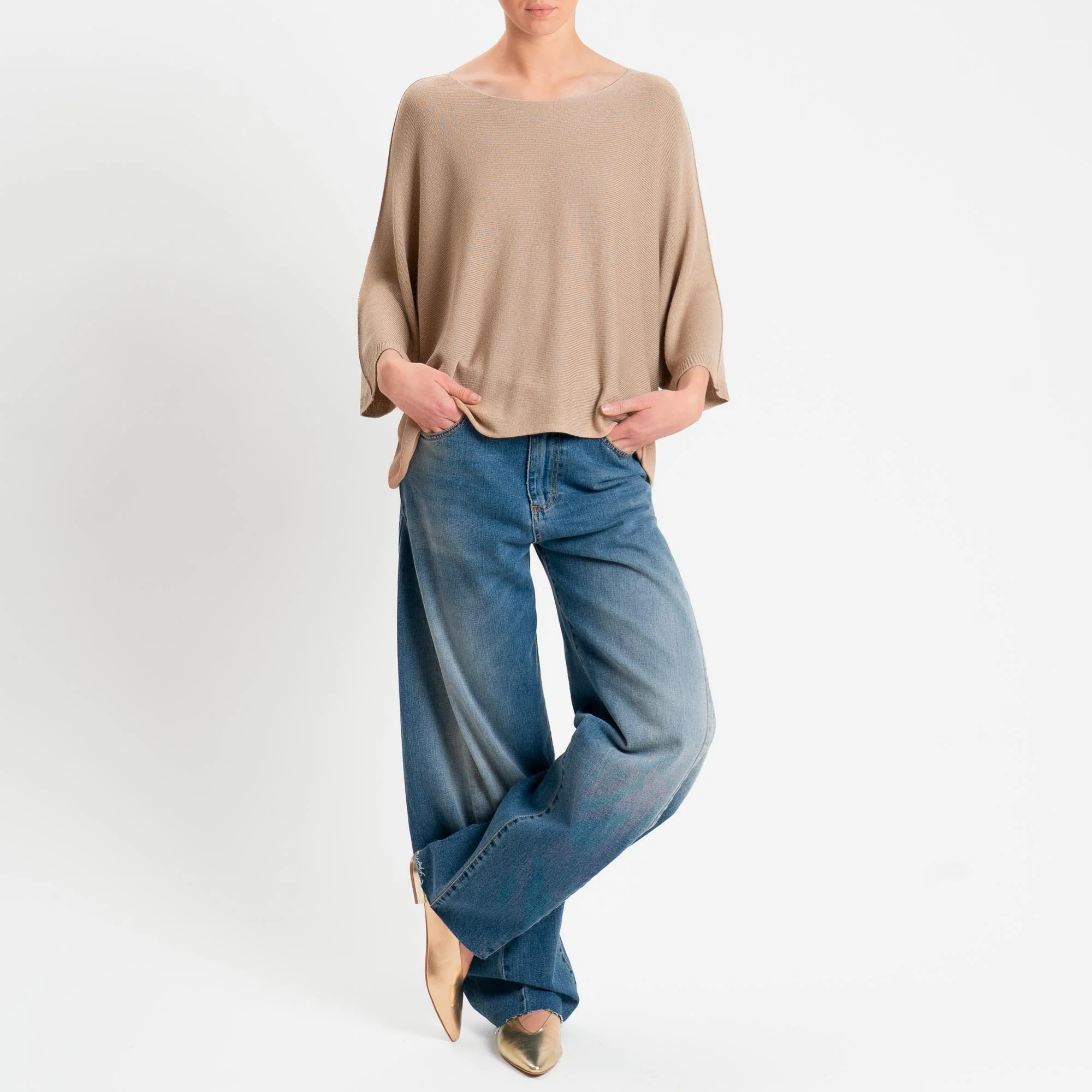 Zeroassoluto-Maglia a scatola scollo barca manica pipistrello - beige