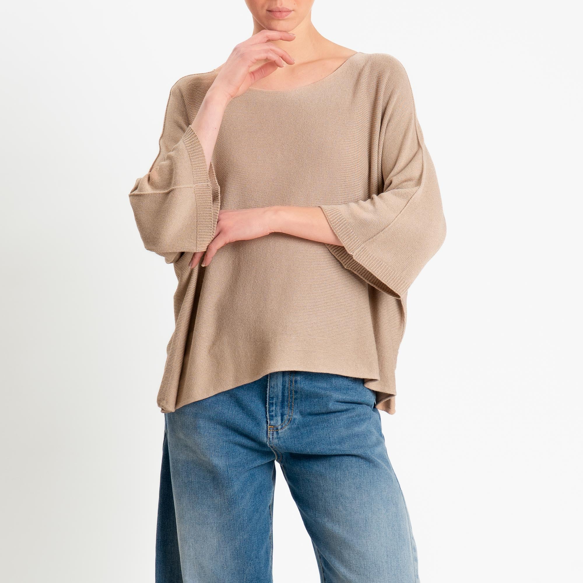 Zeroassoluto-Maglia a scatola scollo barca manica pipistrello - beige - Image 2