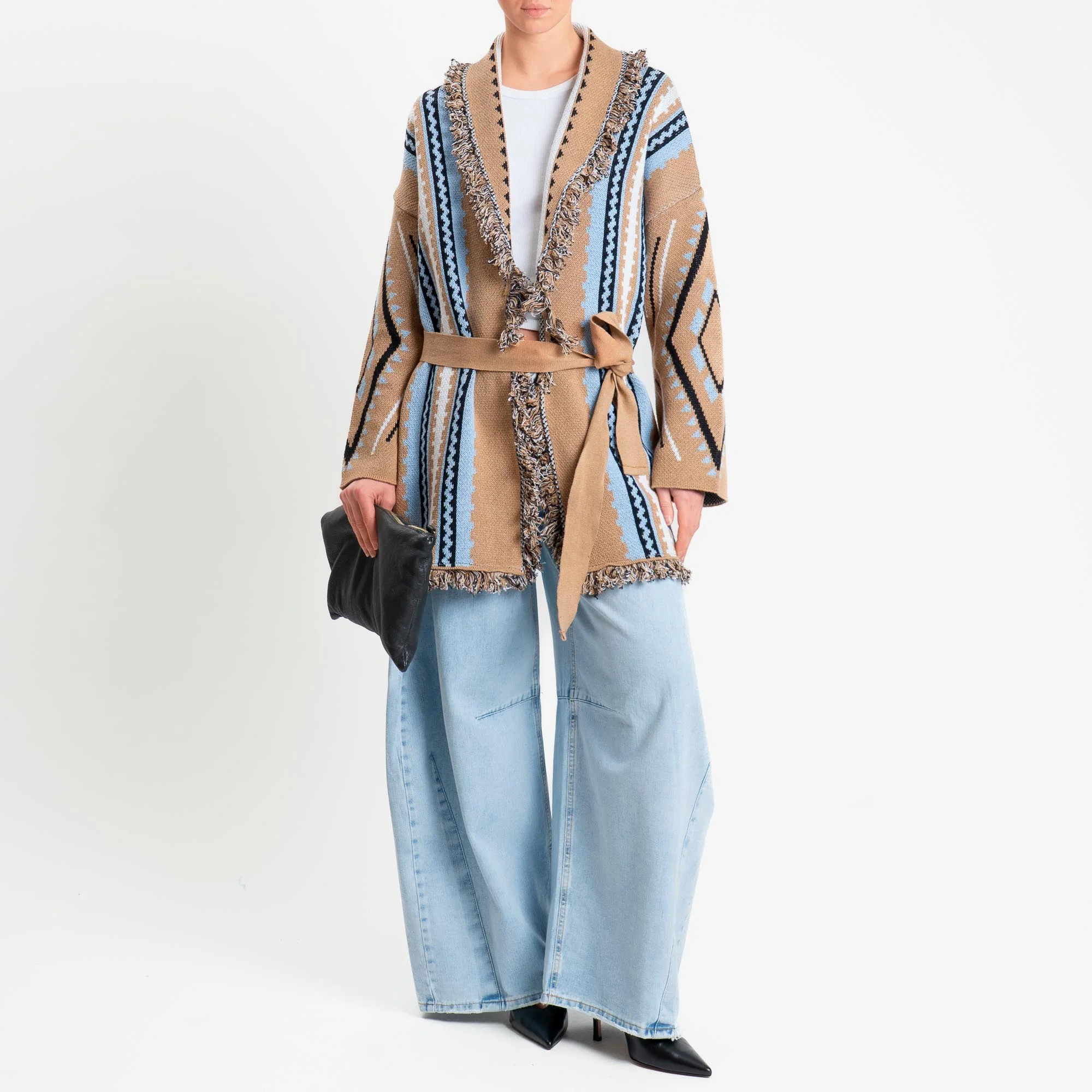 Tensione in-Cardigan jacquard sfrangiato con cintura - camel/cielo/latte