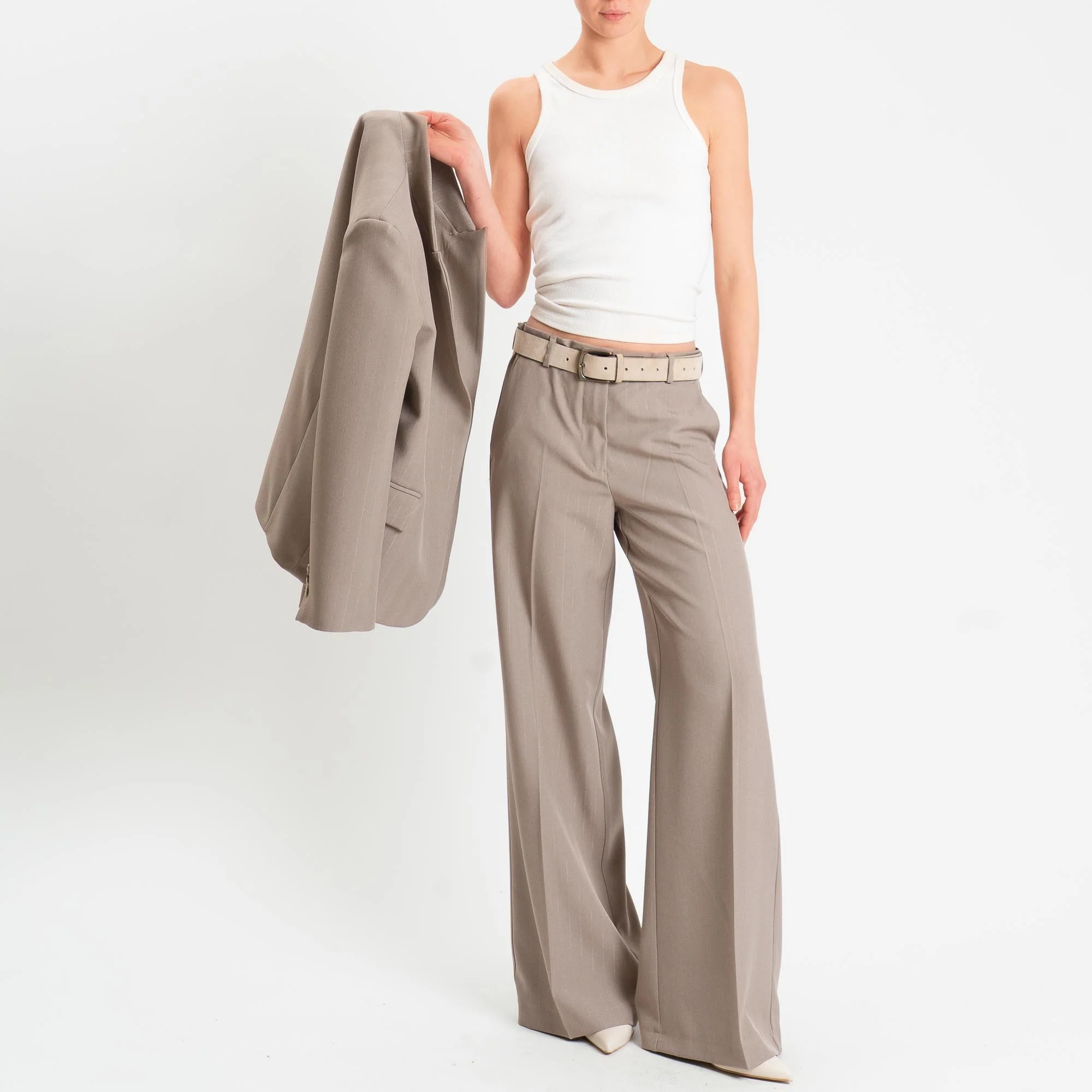 Vicolo-Pantalone gessato wide leg - tortora