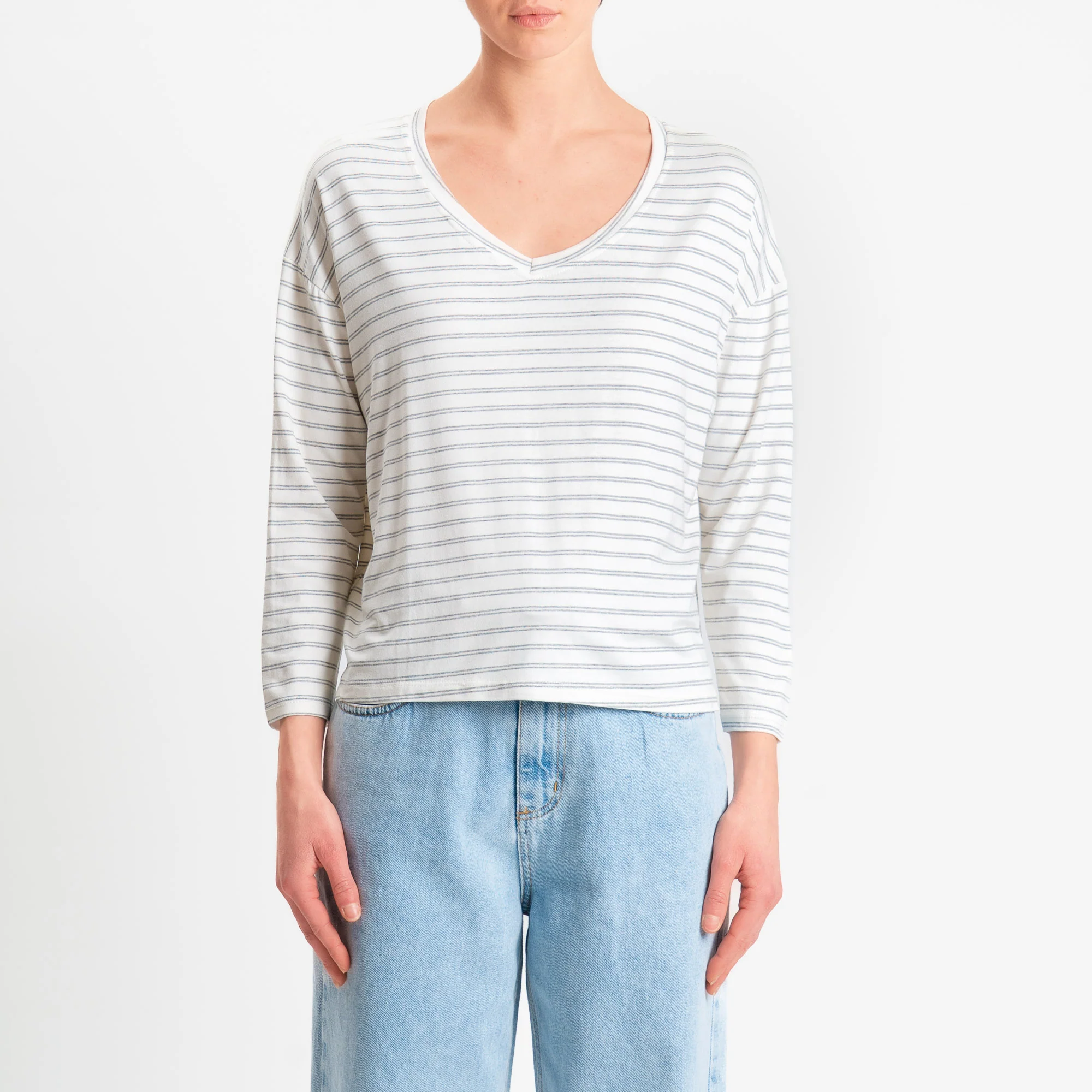 Zeroassoluto-T-shirt scatola a righe scollo v in jersey elasticizzato - panna/grigio melange - Image 3