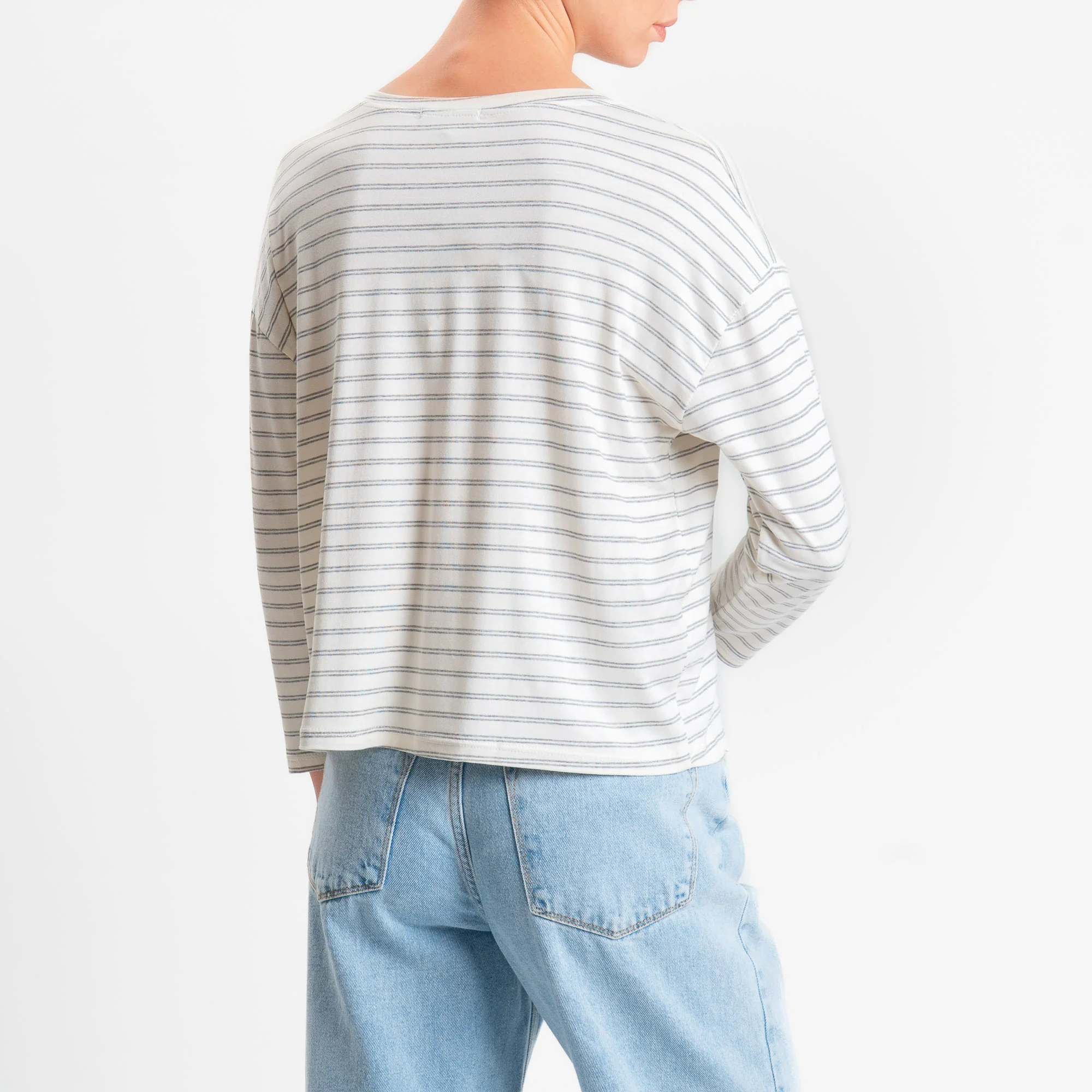 Zeroassoluto-T-shirt scatola a righe scollo v in jersey elasticizzato - panna/grigio melange - Image 4