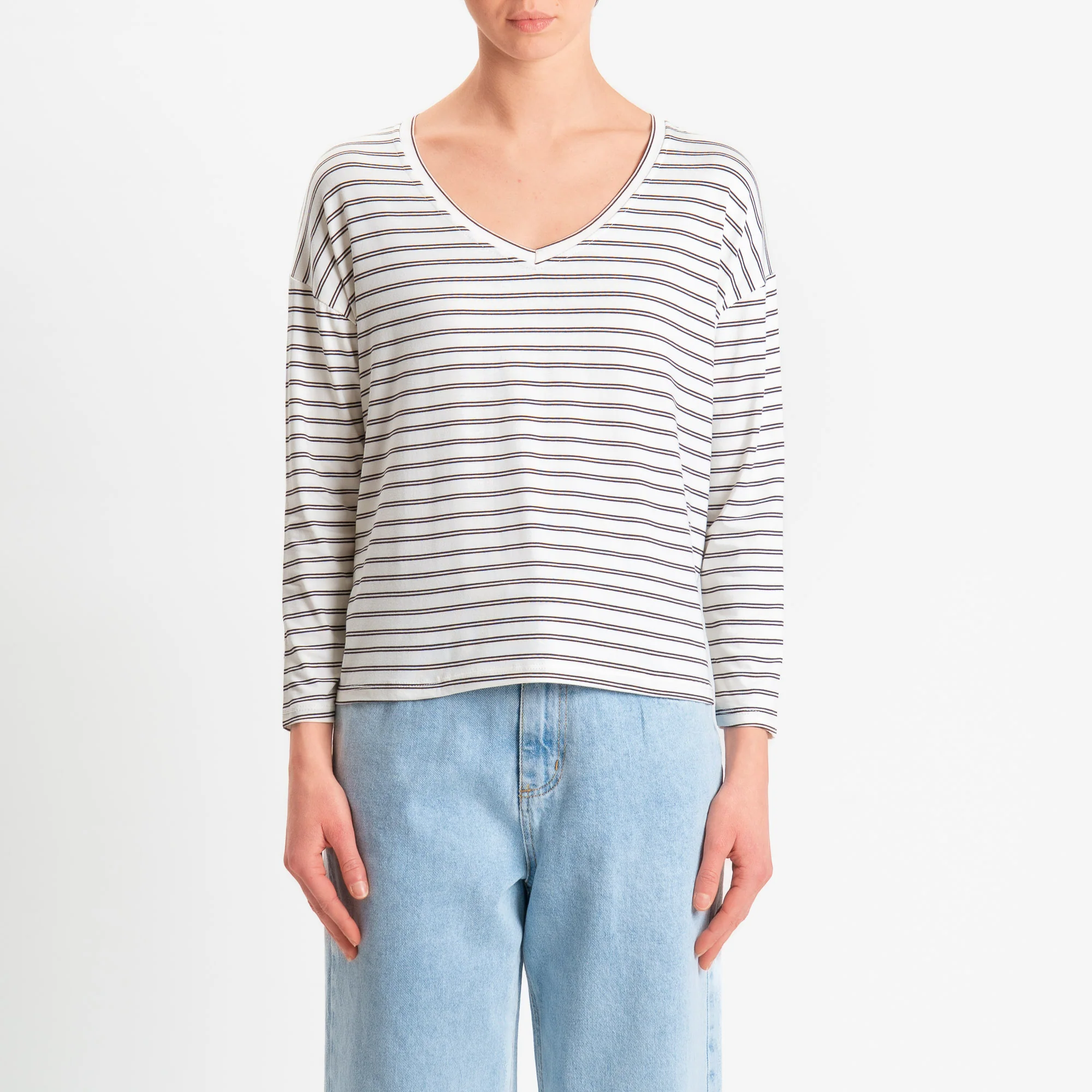 Zeroassoluto-T-shirt scatola a righe scollo v in jersey elasticizzato - panna/moro - Image 3