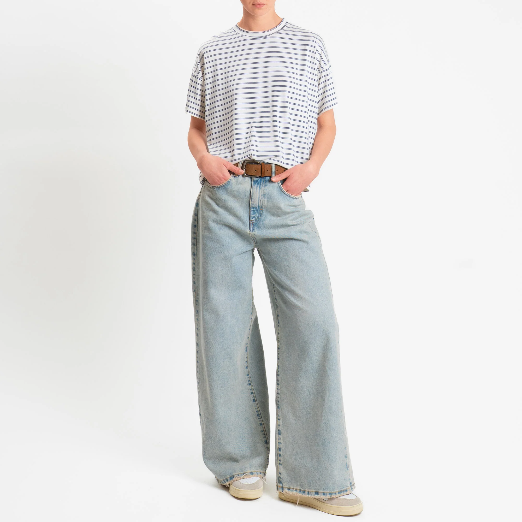 Zeroassoluto-T-shirt girocollo a righe in jersey elasticizzato - panna/jeans