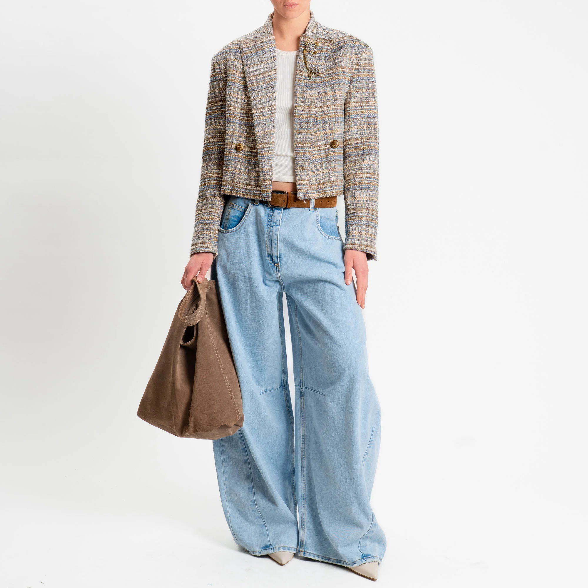Tensione in-Giacca bouclè filo lurex con spille - latte/cuio/cielo