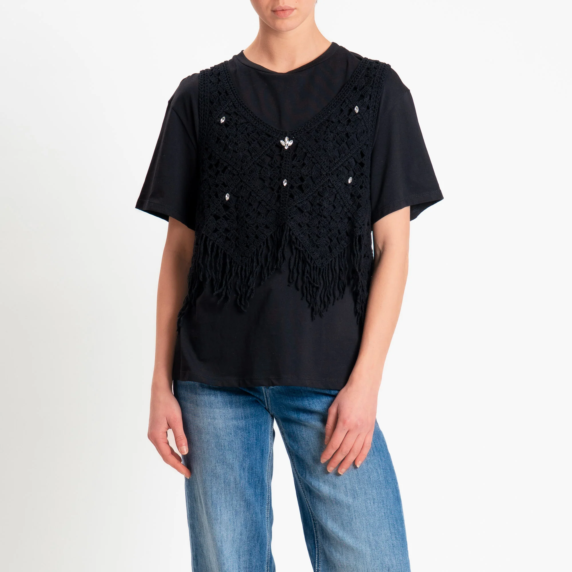 Tensione in-T-shirt + top crochet con applicazioni - nero/nero - Image 2