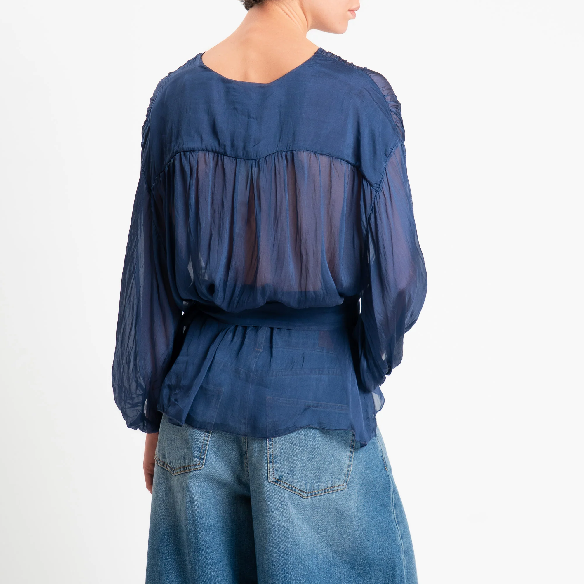 Haveone-Blusa mussola con fusciacca misto seta - blu - Image 4