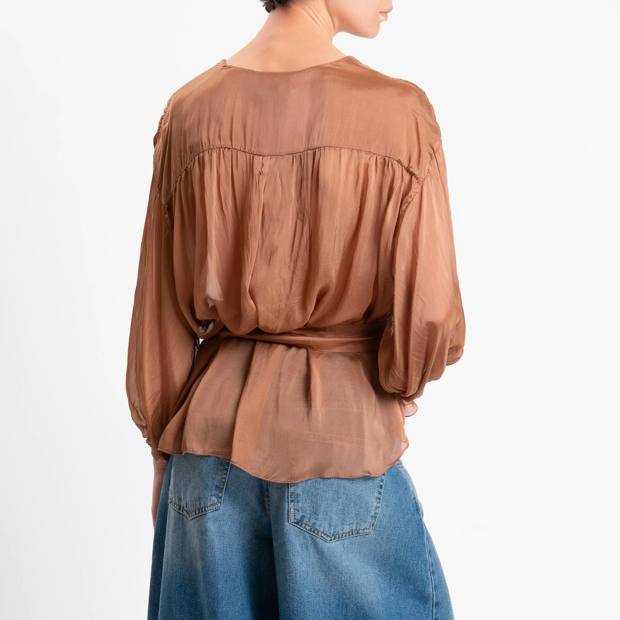 Haveone-Blusa mussola con fusciacca misto seta - caramello - Image 4