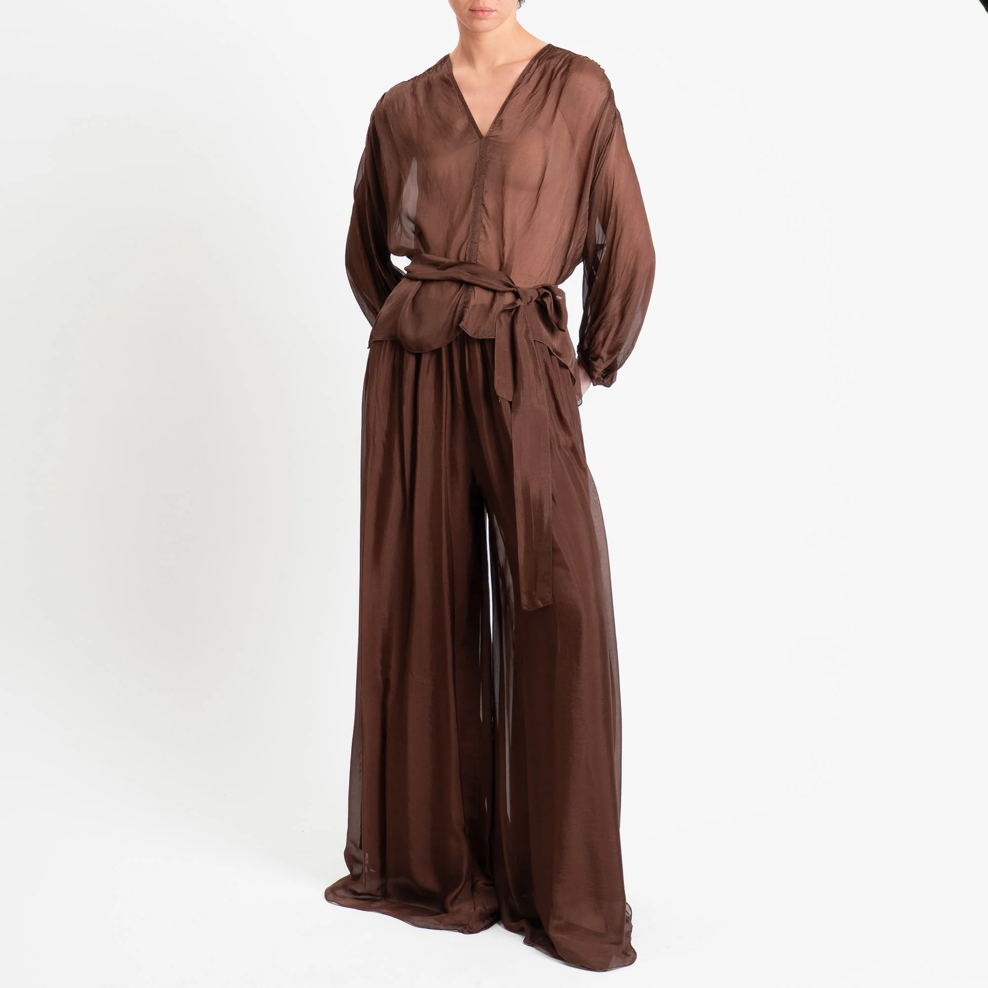 Haveone-Blusa mussola con fusciacca misto seta - cioccolato - Image 3