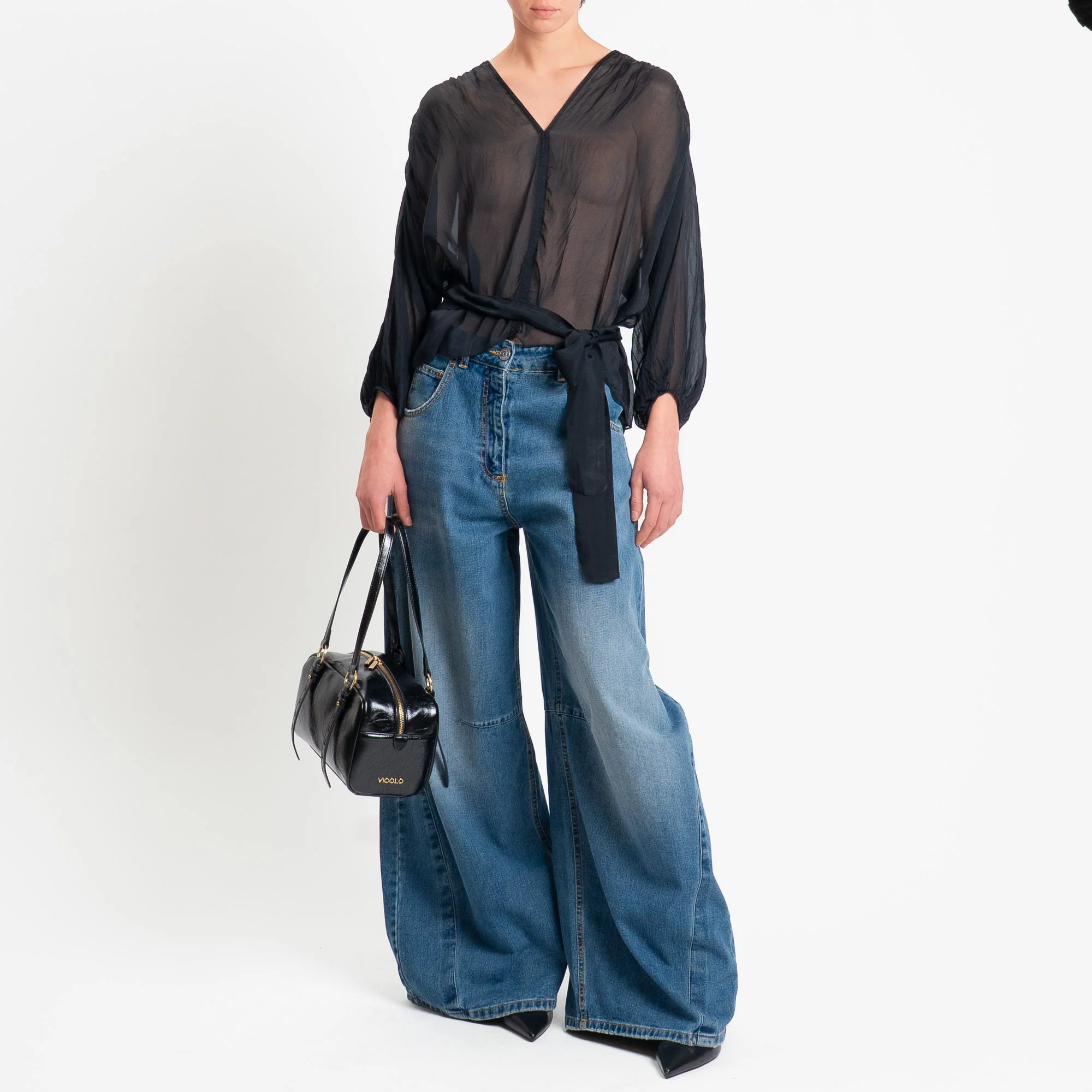 Haveone-Blusa mussola con fusciacca misto seta - nero