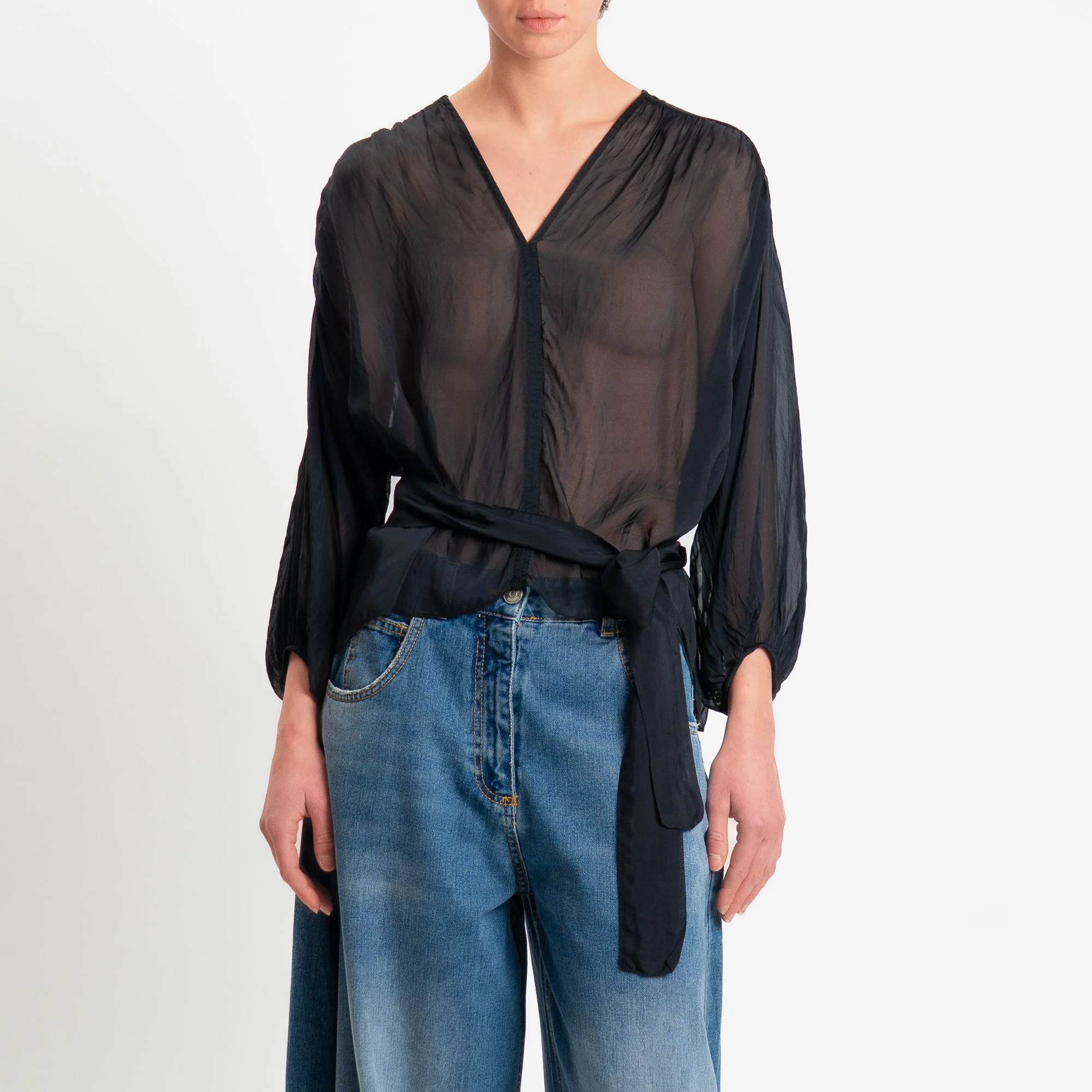 Haveone-Blusa mussola con fusciacca misto seta - nero - Image 2
