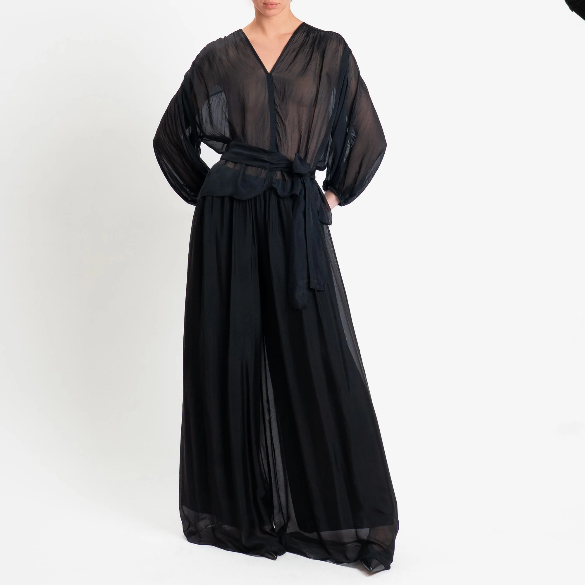 Haveone-Blusa mussola con fusciacca misto seta - nero - Image 3