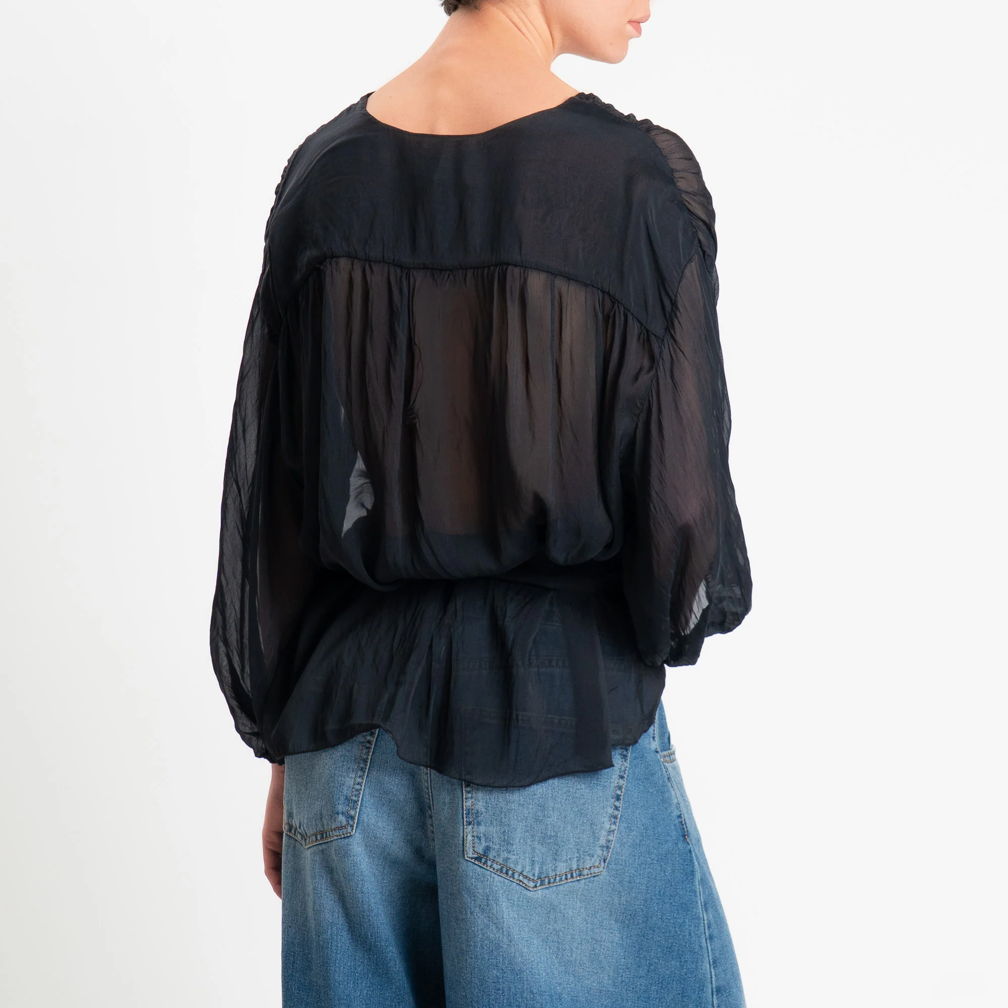 Haveone-Blusa mussola con fusciacca misto seta - nero - Image 4