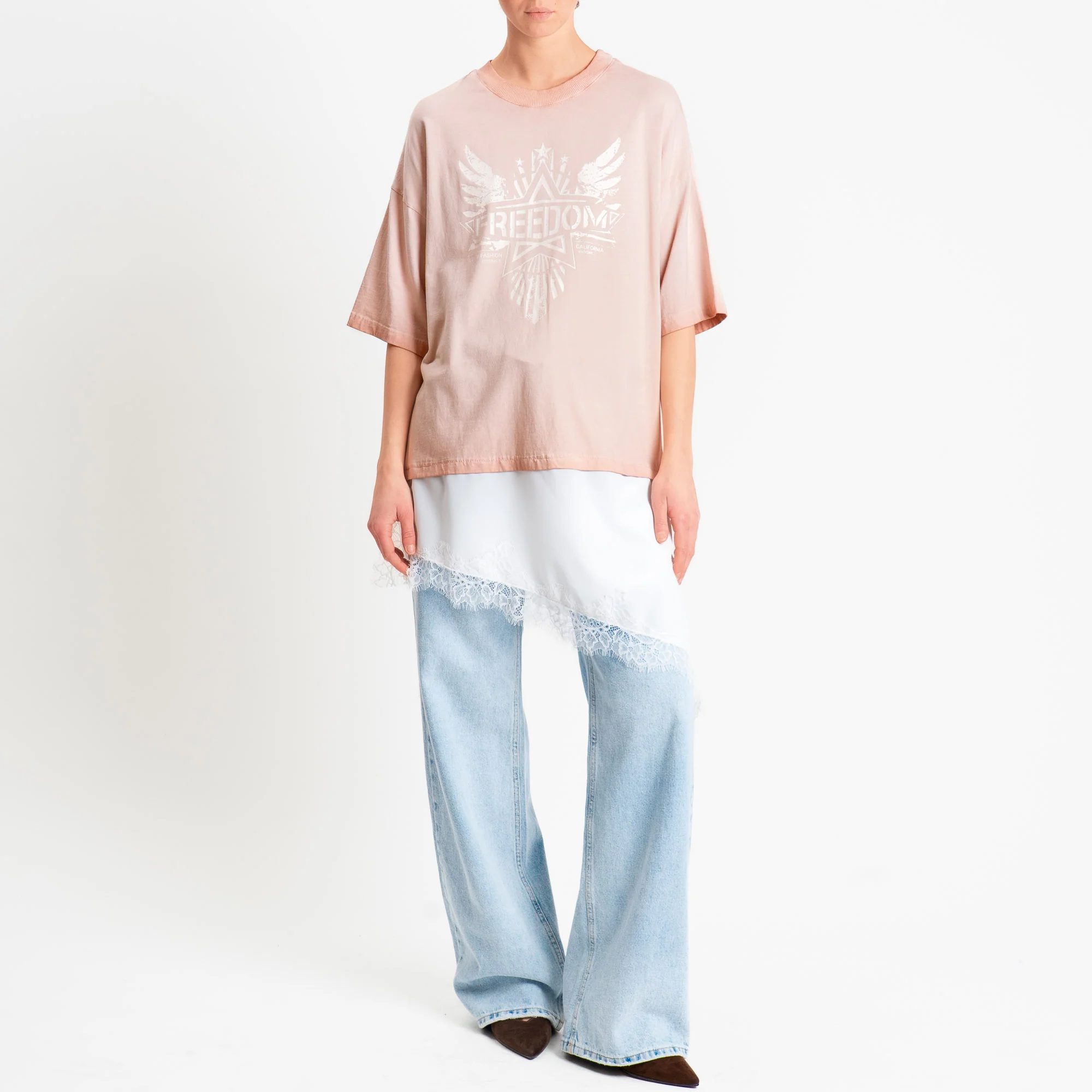 Tensione in-T-shirt "FREEDOM" con pizzo - rosa