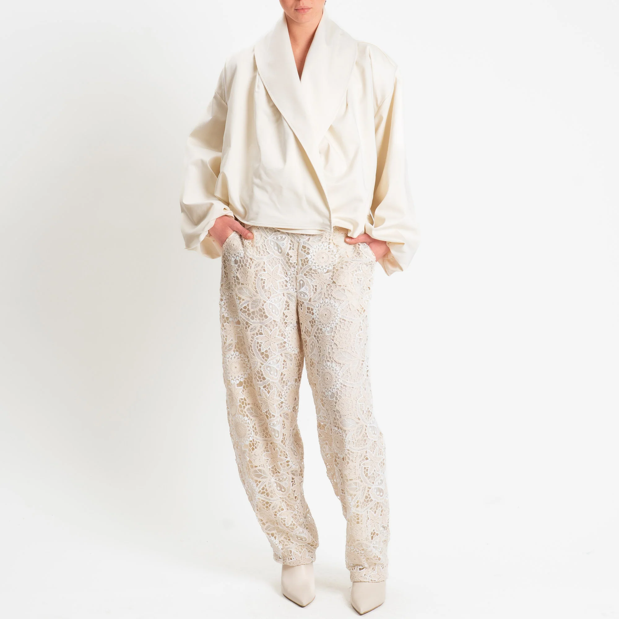 Motel-Pantalone in pizzo macramè elastico dietro - burro