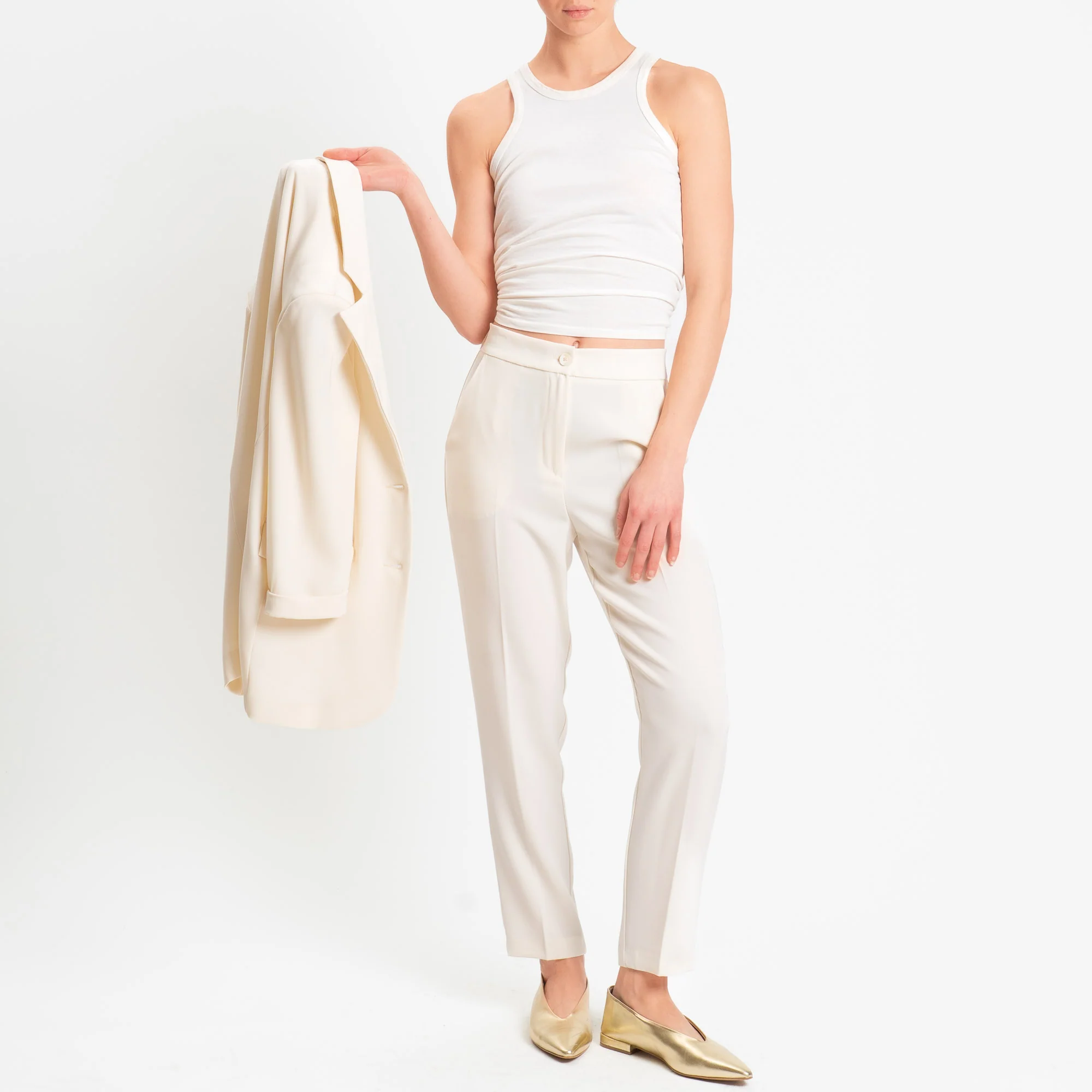 Tensione in-Pantalone straight elastico dietro tessuto fluido - latte