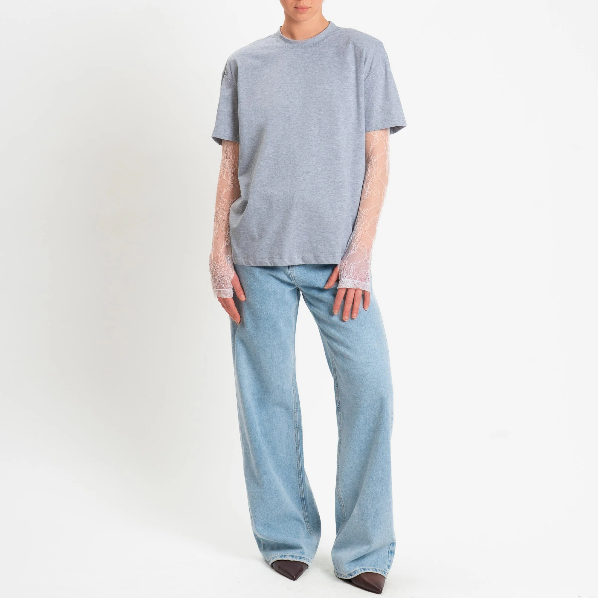 Dixie-T-shirt spalline maniche in pizzo - grigio/bianco - Image 2