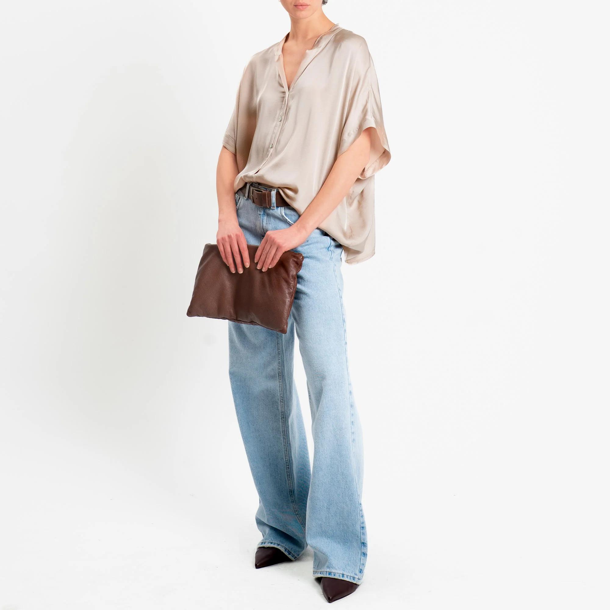 Motel-Camicia collo coreana manica scesa in satin - avena - Image 2