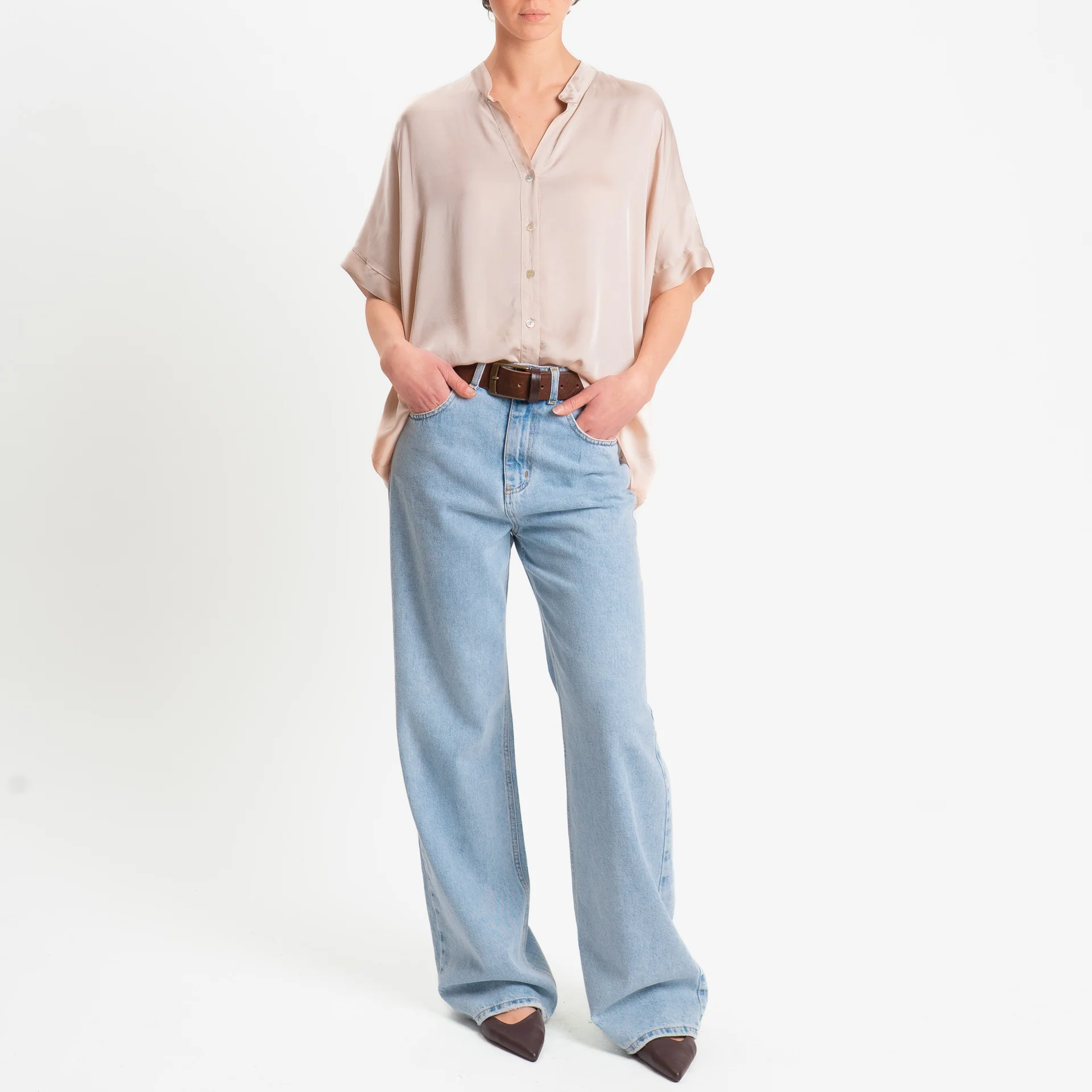 Motel-Camicia collo coreana manica scesa in satin - rose