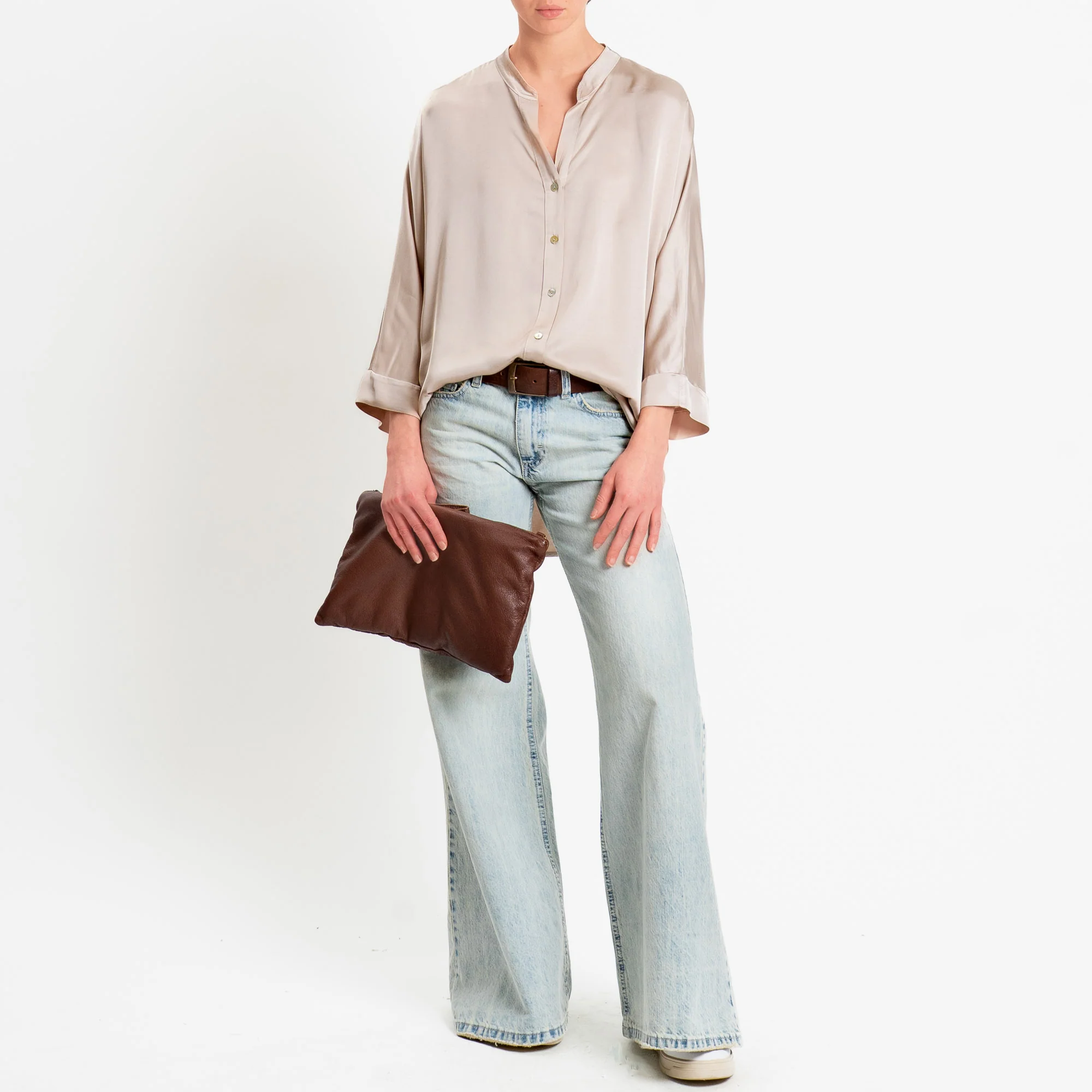 Motel-Camicia collo coreana over in satin - avena