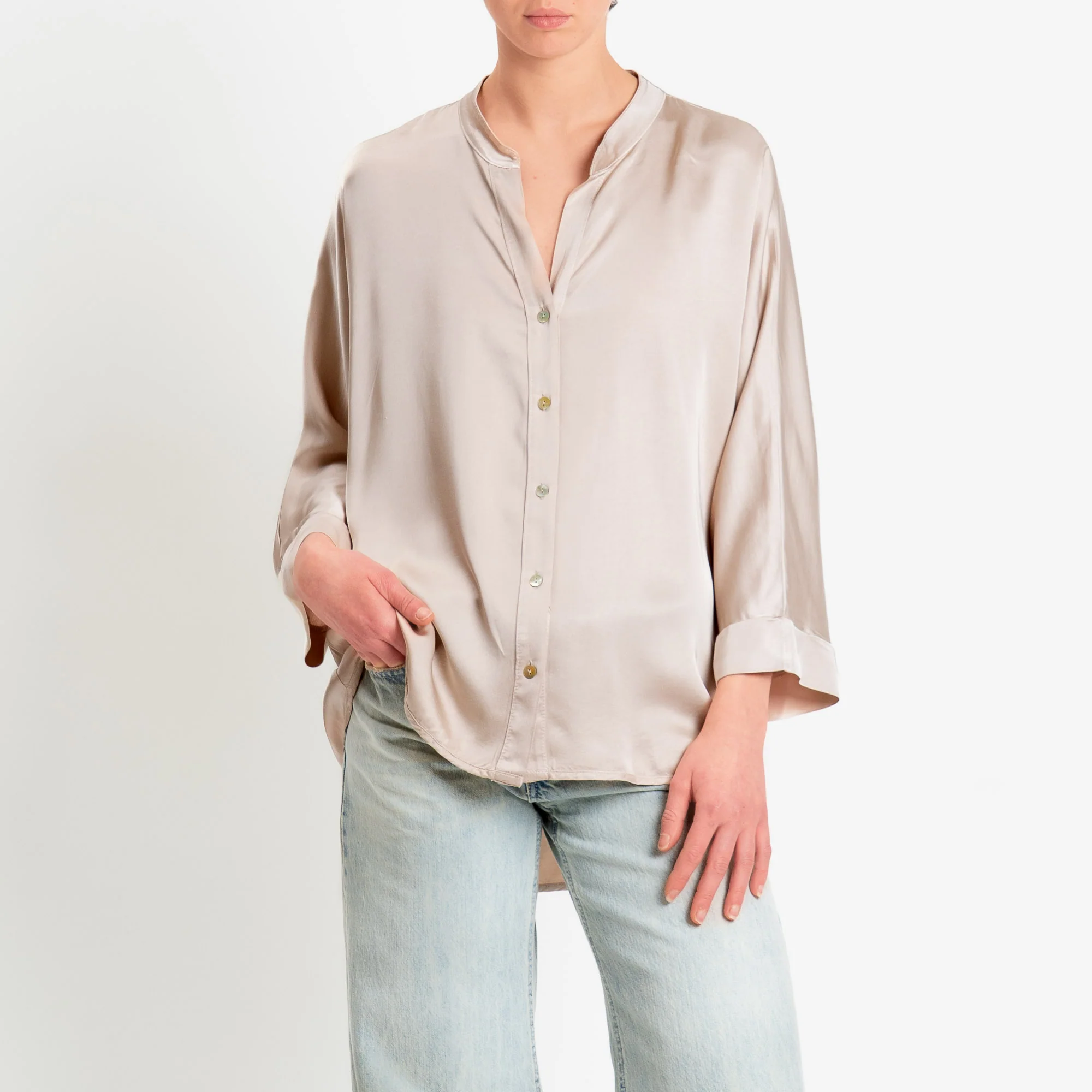 Motel-Camicia collo coreana over in satin - avena - Image 2