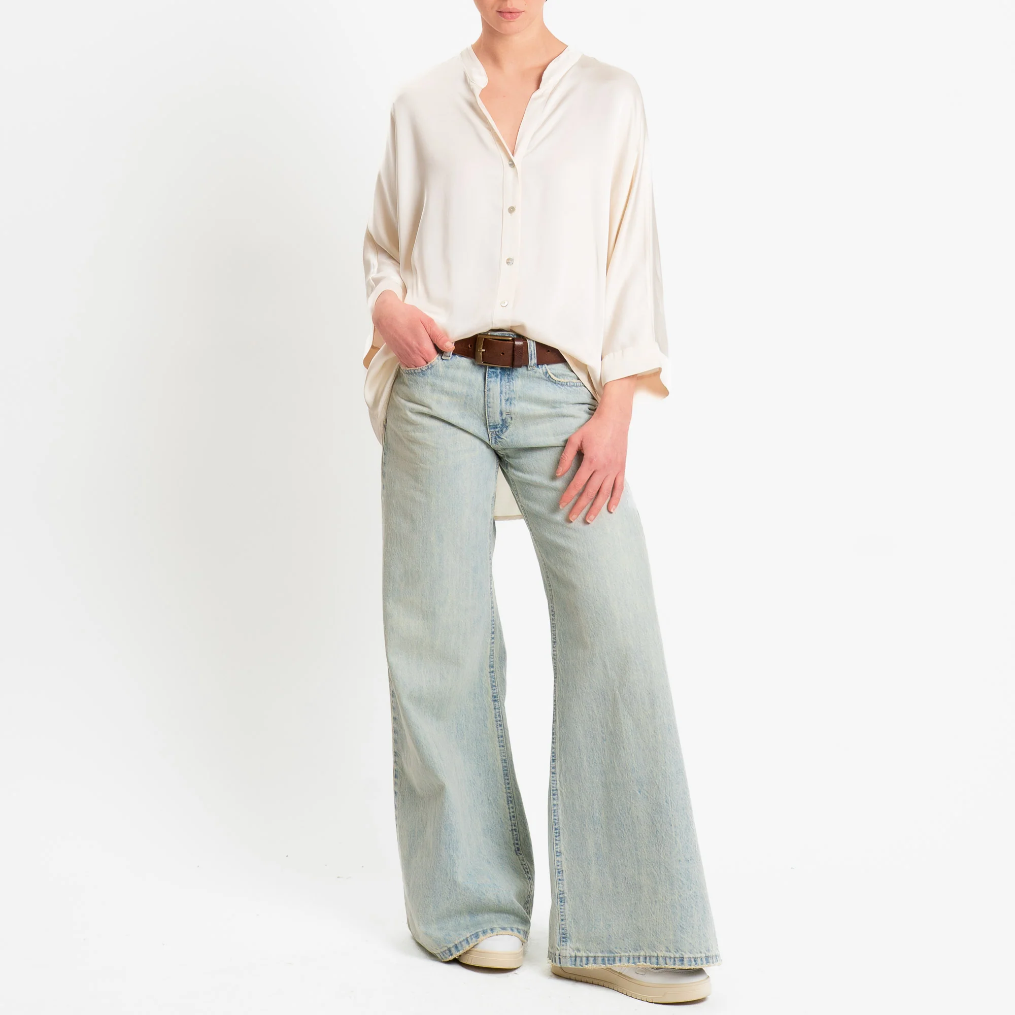 Motel-Camicia collo coreana over in satin - burro