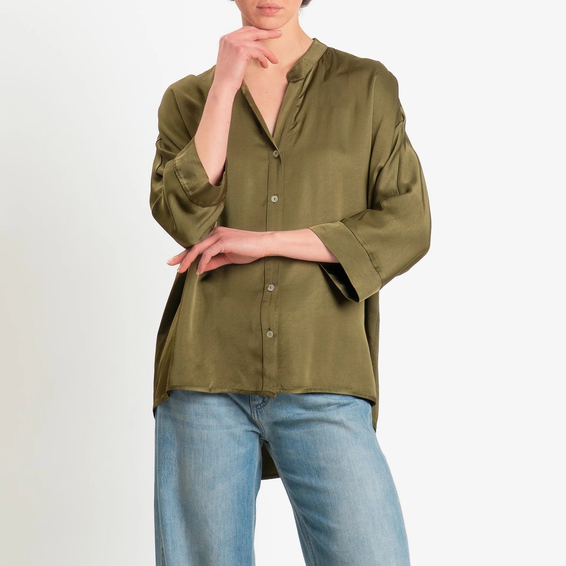 Motel-Camicia collo coreana over in satin - militare - Image 2