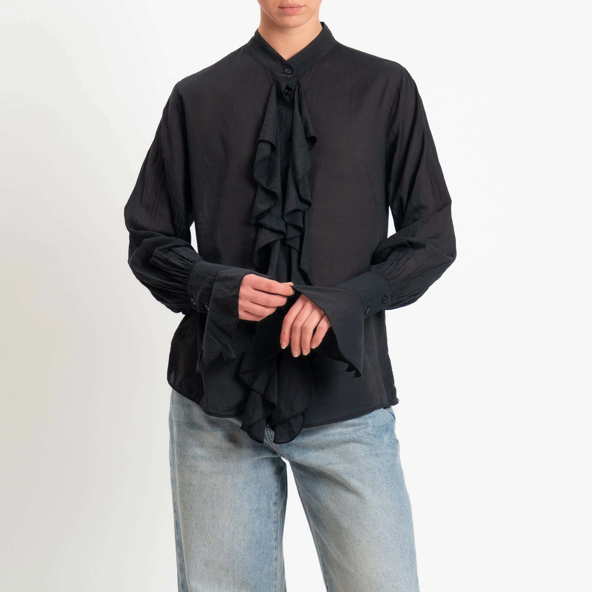 Zeroassoluto-Camicia jabot mussola di tencel/cotone - nero - Image 2