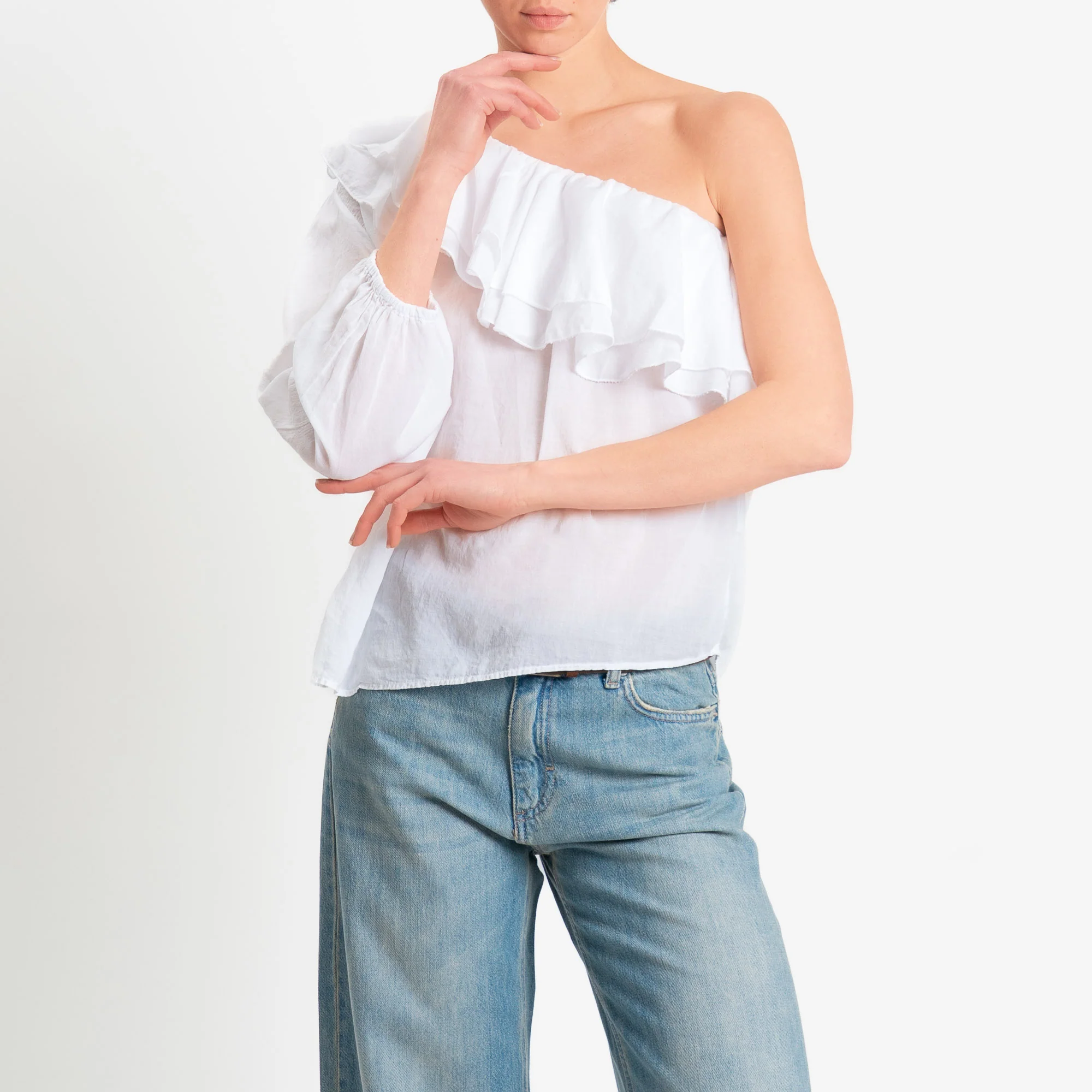 Zeroassoluto-Blusa monospalla con balze mussola di tencel/cotone - bianco - Image 2