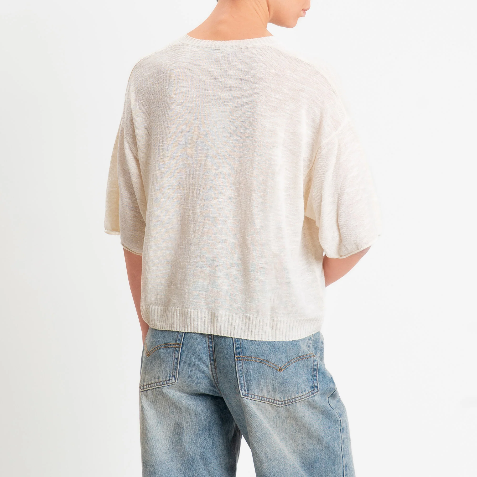 Zeroassoluto-Maglia scollo v garzata misto lino - burro - Image 3