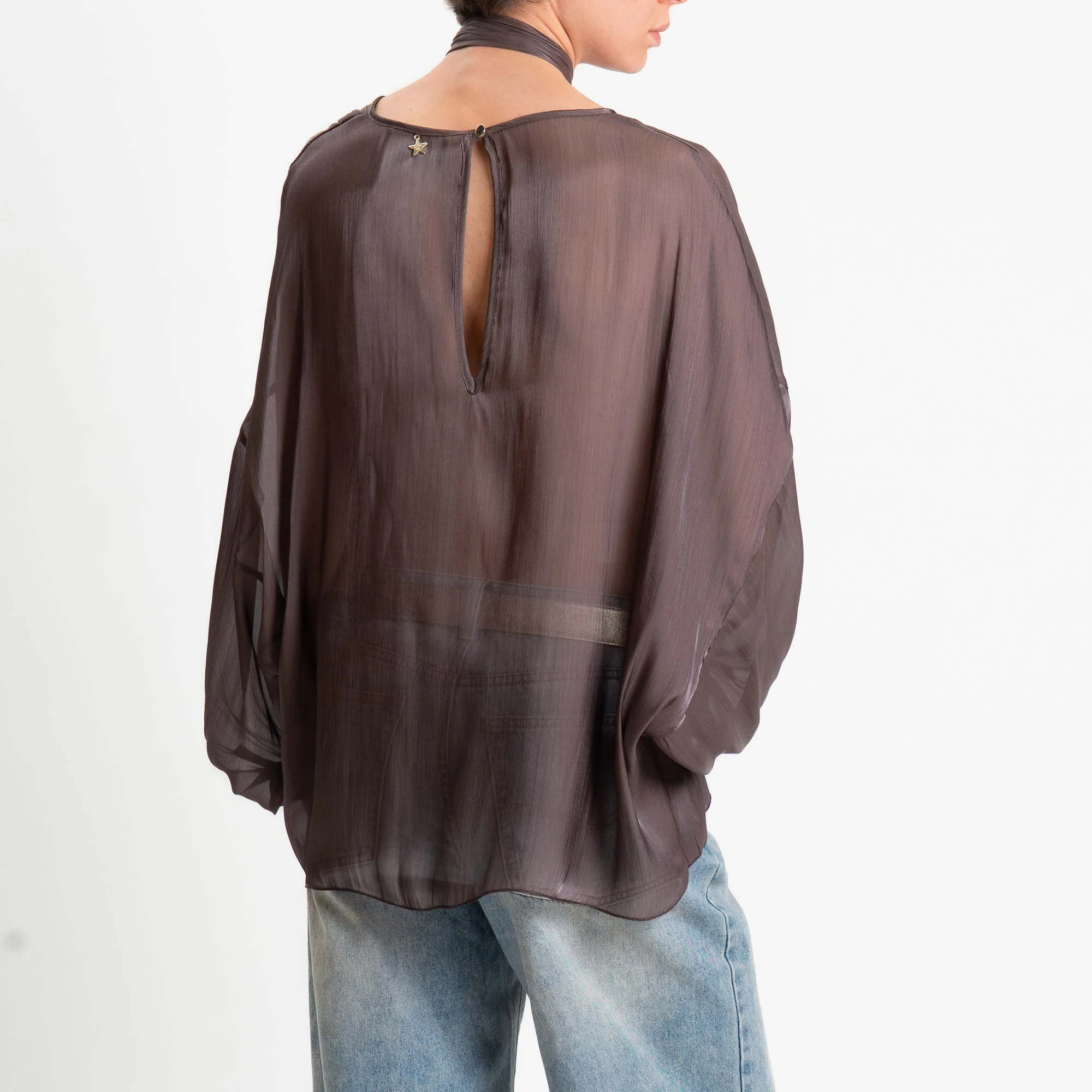 Souvenir-Blusa in organza con sciarpa - moka - Image 3