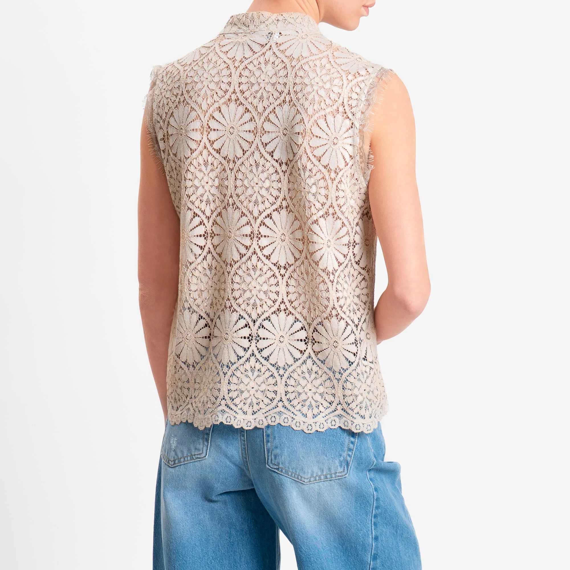 Motel-Camicia mandarin smanicata pizzo macramè - sabbia - Image 3