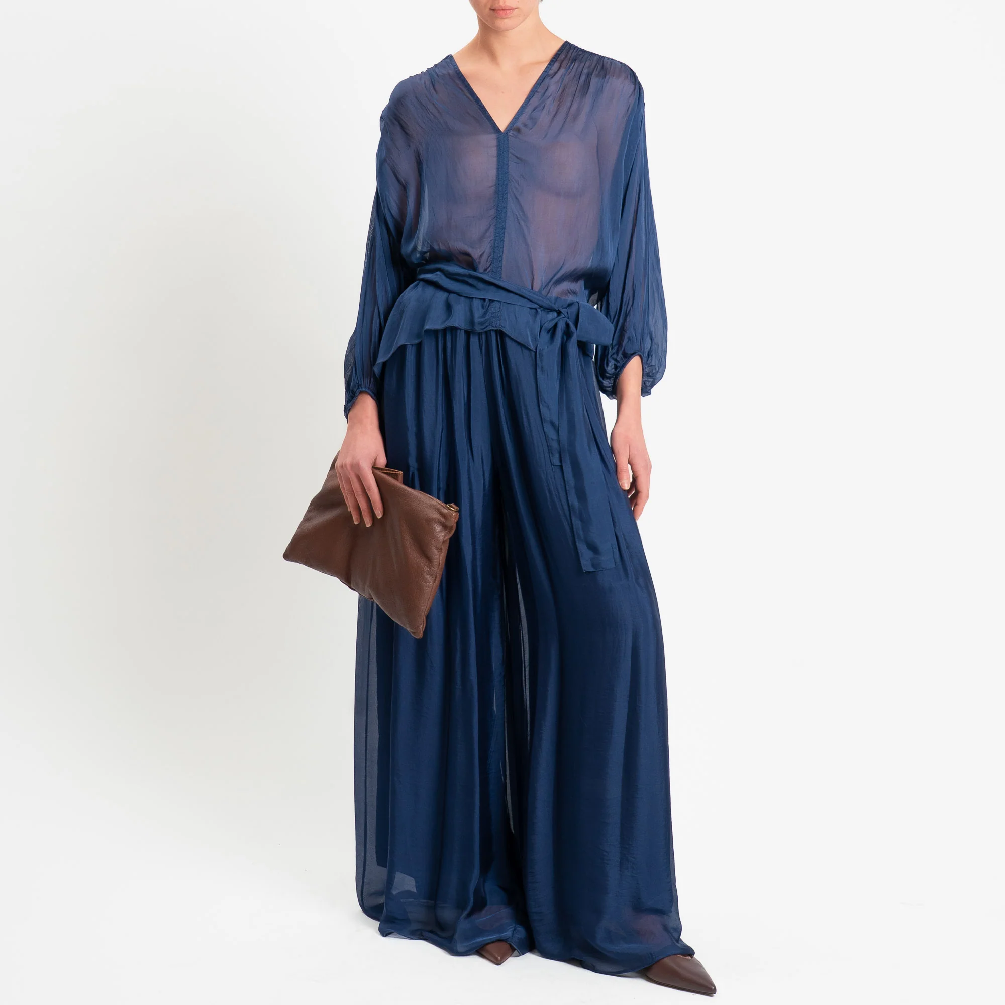 Haveone-Pantalone elastico in vita misto seta - blu