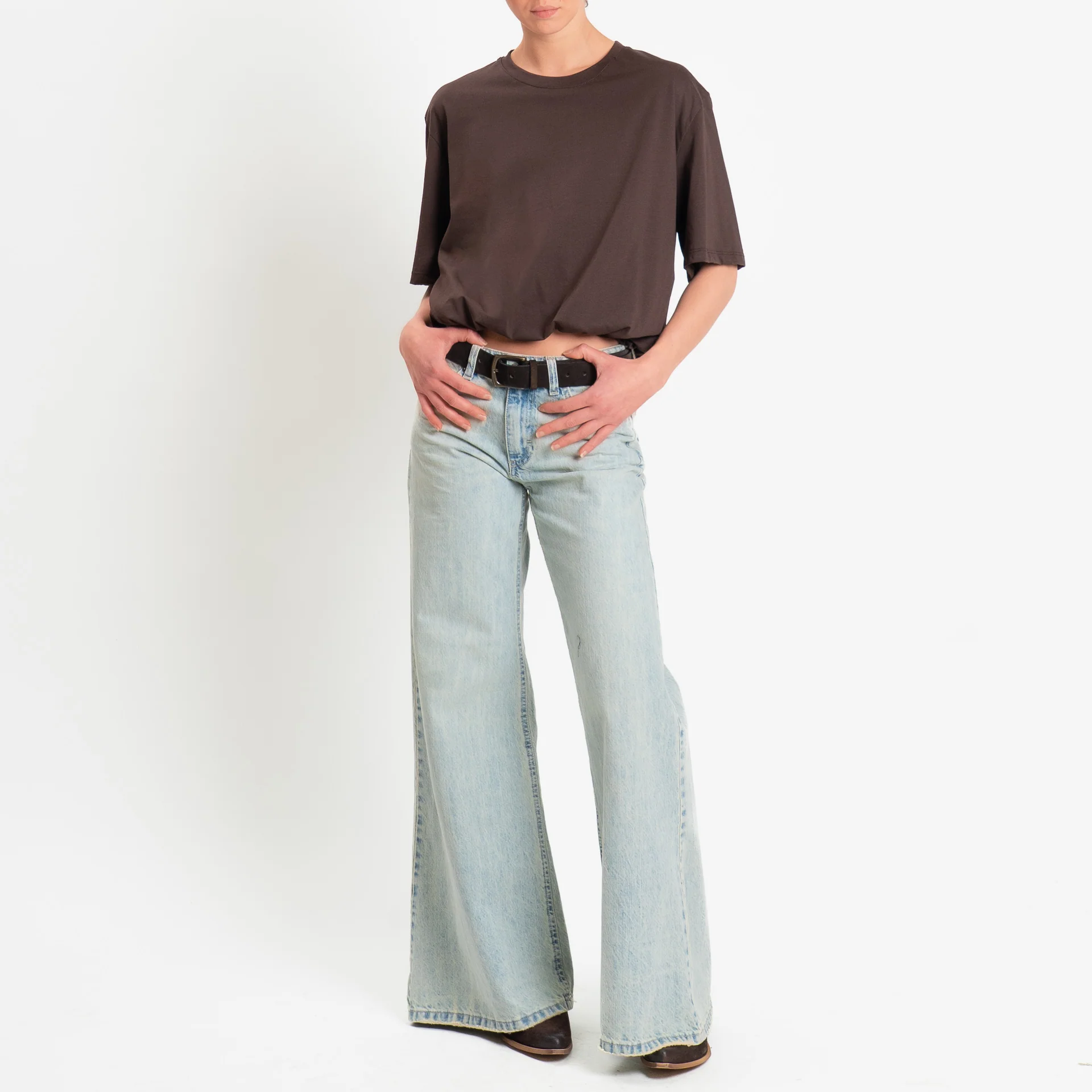 Tensione in-T-shirt girocollo elastico in vita - cioccolato