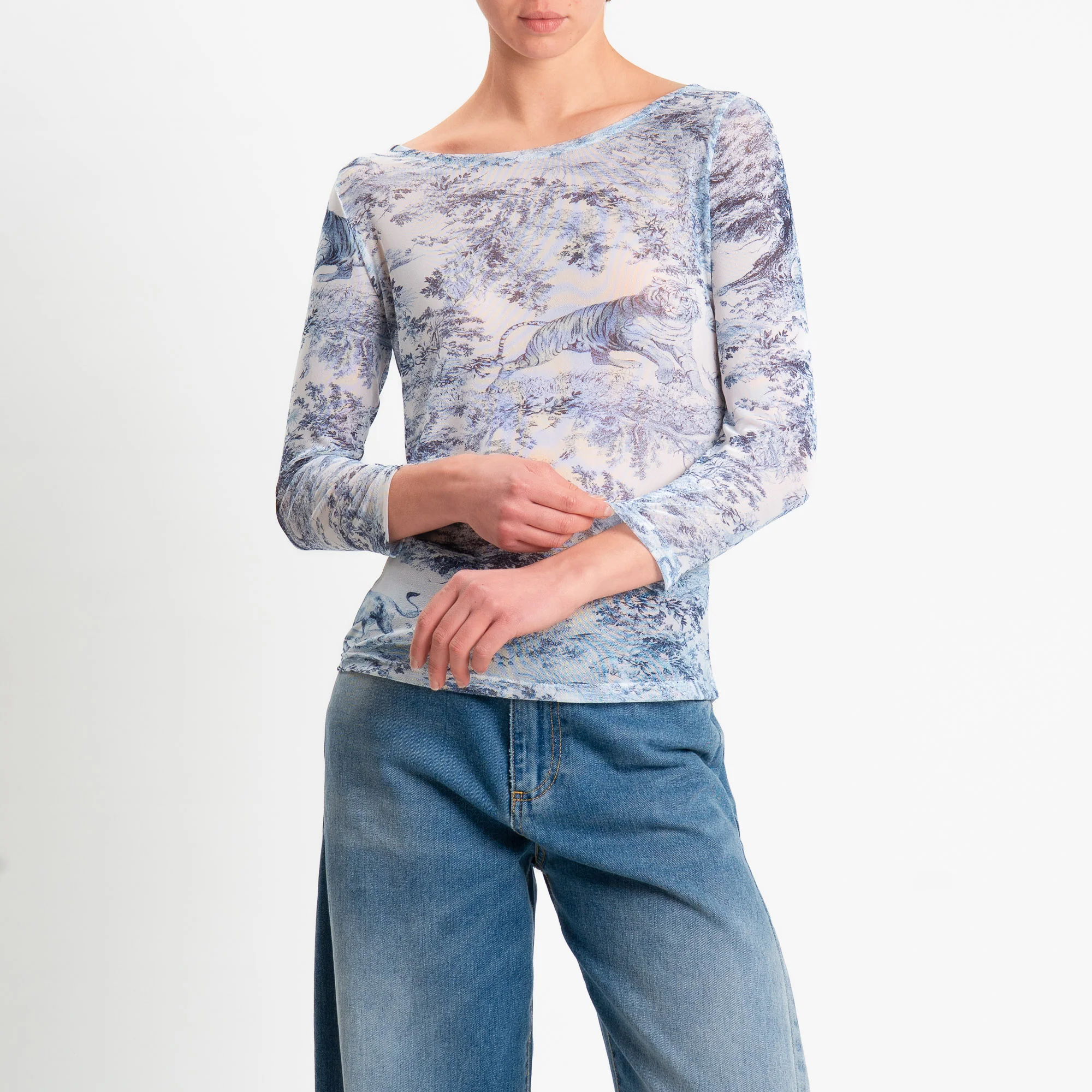Tensione in-Blusa tulle elasticizzato fantasia - jeans/latte - Image 2