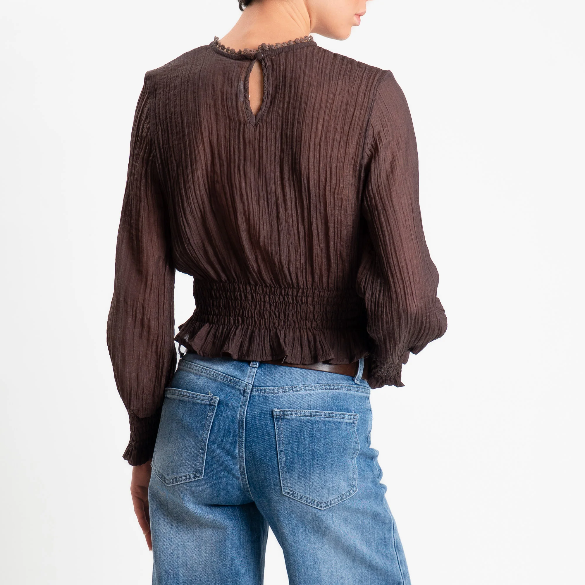 Tensione in-Blusa mussola goffrata elastico in vita - moro - Image 3