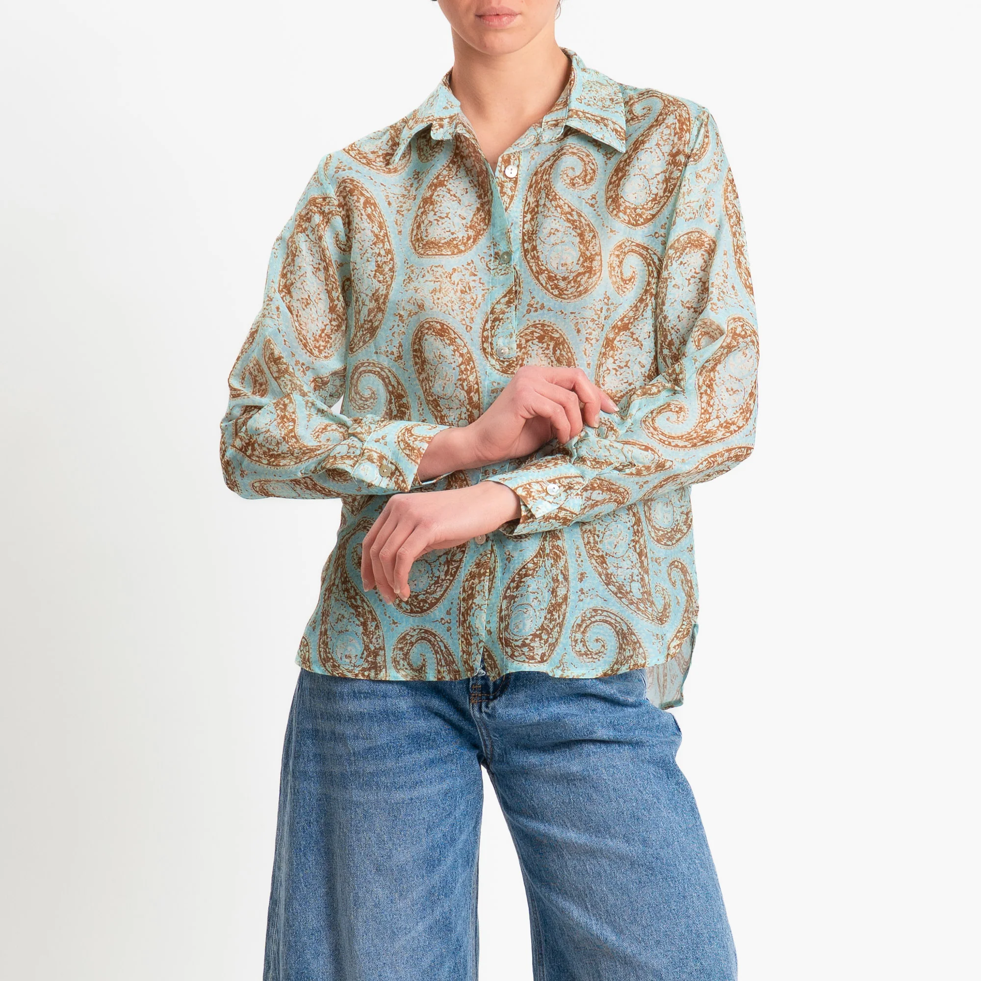 Zeroassoluto-Camicia MIA in mussola seta/cotone fantasia - cashmere turchese/biscotto
