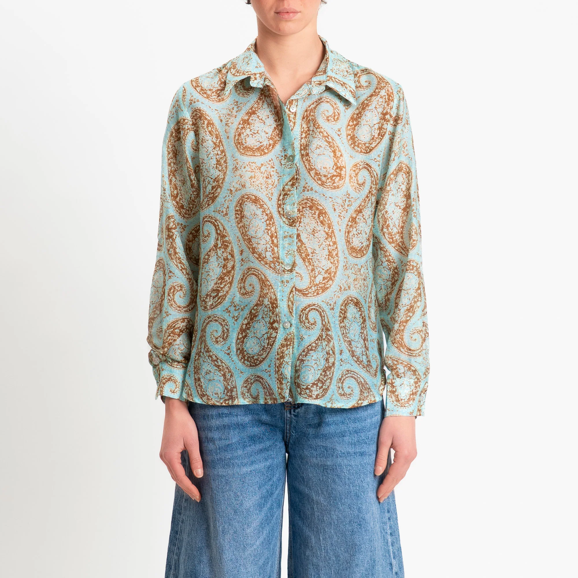 Zeroassoluto-Camicia MIA in mussola seta/cotone fantasia - cashmere turchese/biscotto - Image 4