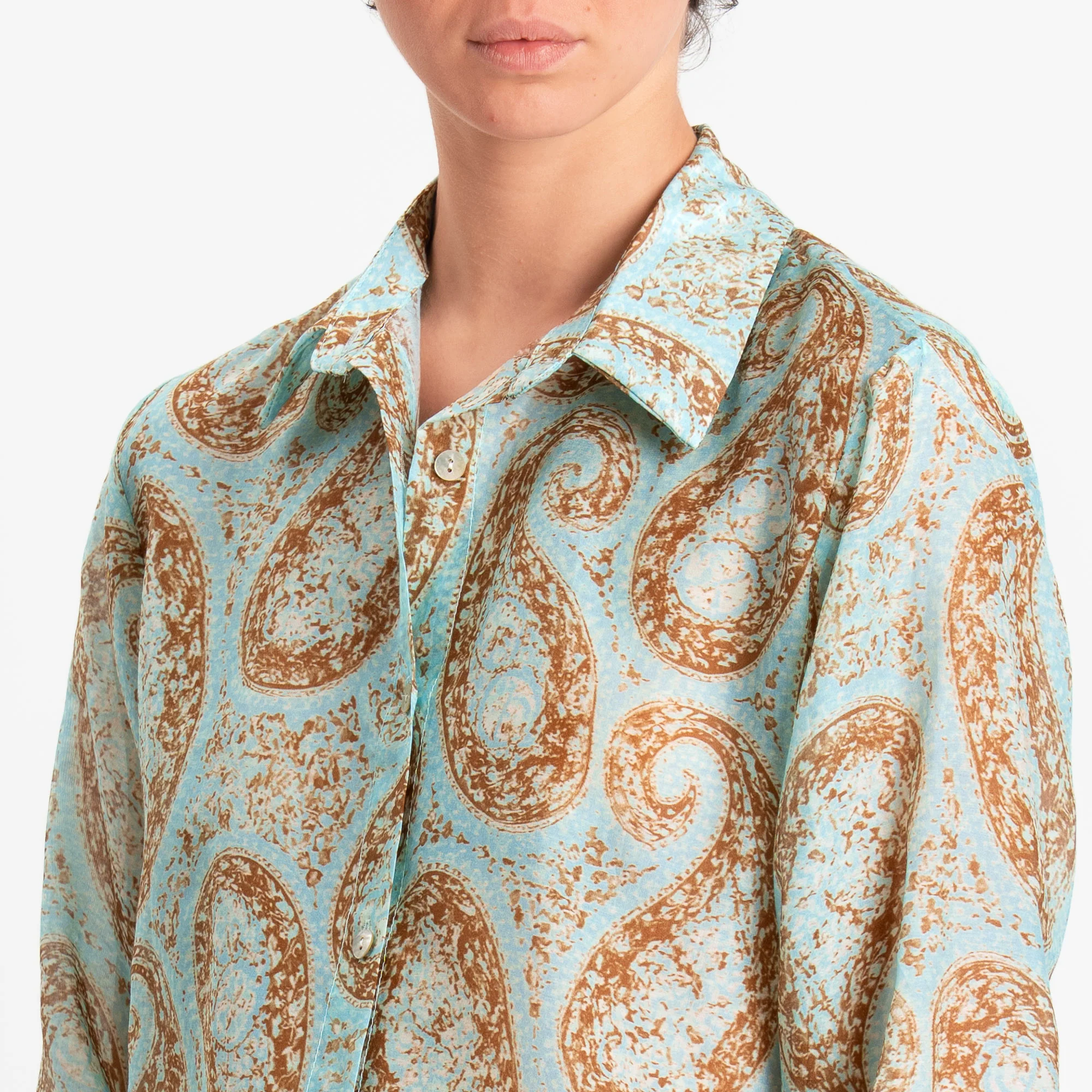 Zeroassoluto-Camicia MIA in mussola seta/cotone fantasia - cashmere turchese/biscotto - Image 5