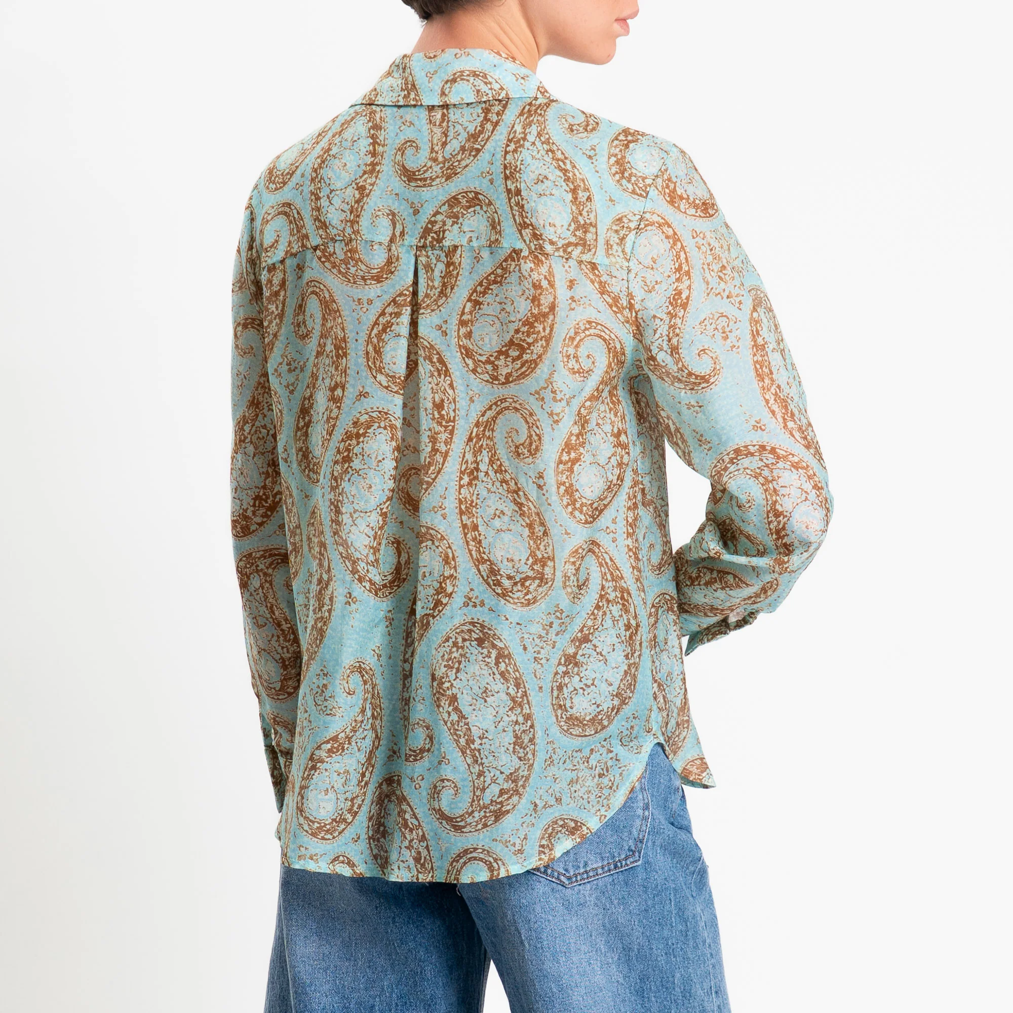 Zeroassoluto-Camicia MIA in mussola seta/cotone fantasia - cashmere turchese/biscotto - Image 6